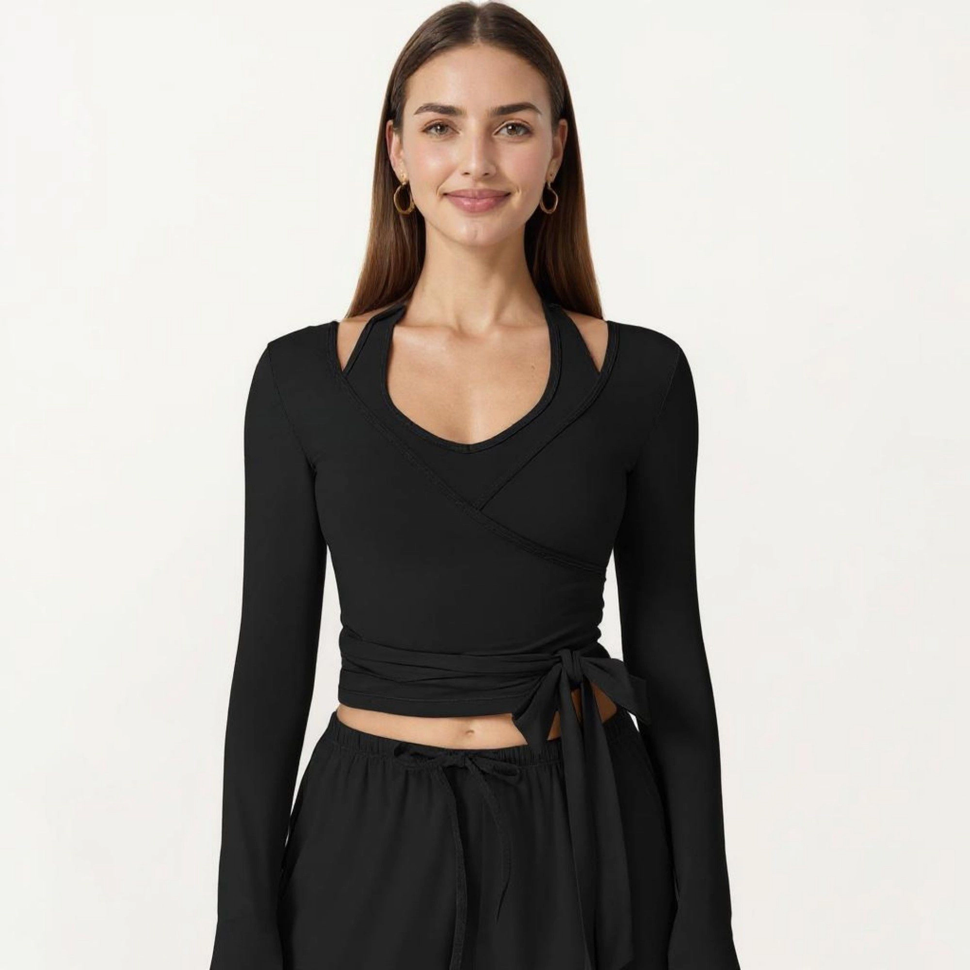 Anna-Kaci Women's Long Sleeve Wrap Front Crop Top with Tie Waist V Neck Fitted Stretch Knit Shirt