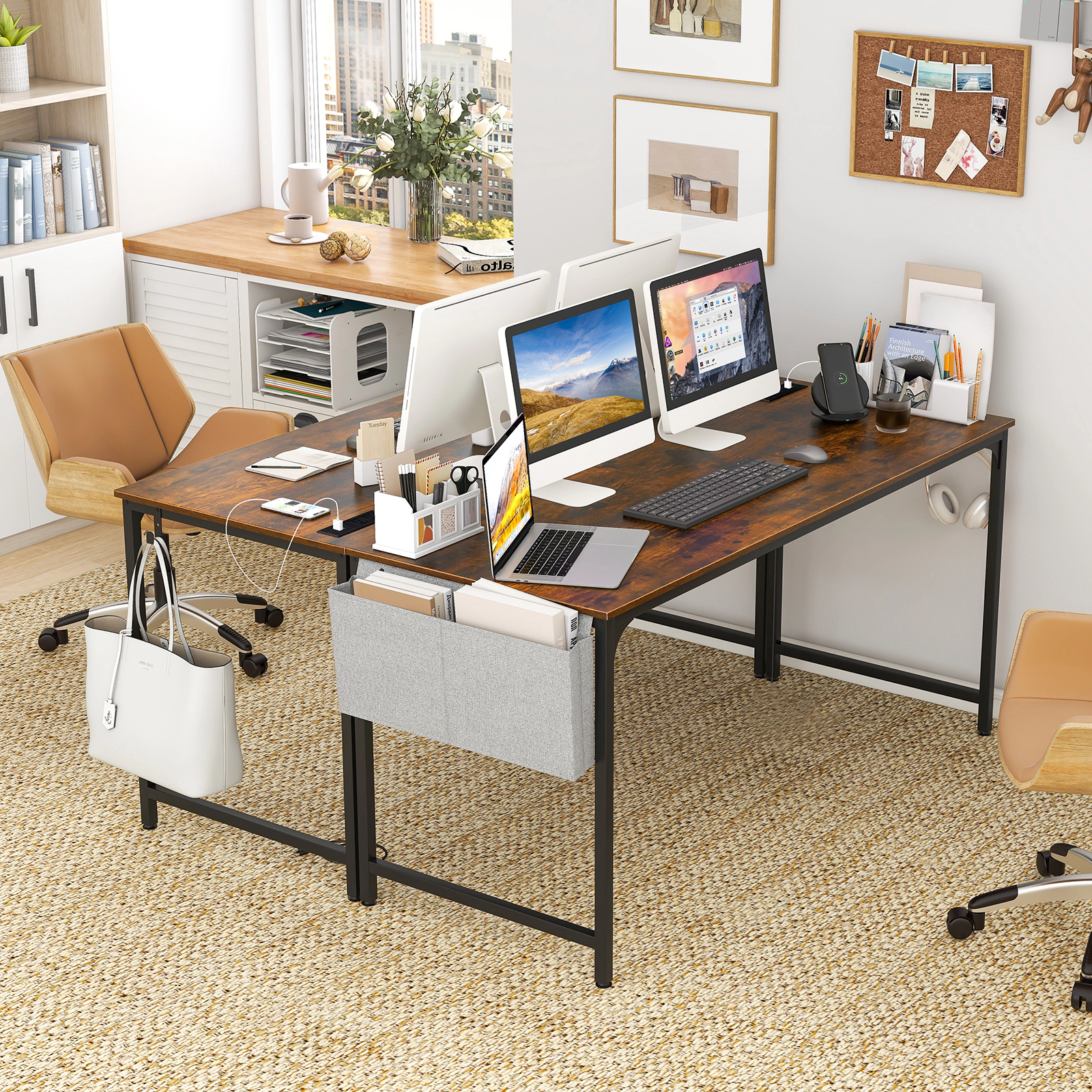 SUGIFT 64-Inch Rustic Brown Industrial Computer Desk with Power Outlet, USB Port, Storage Bag and Hook