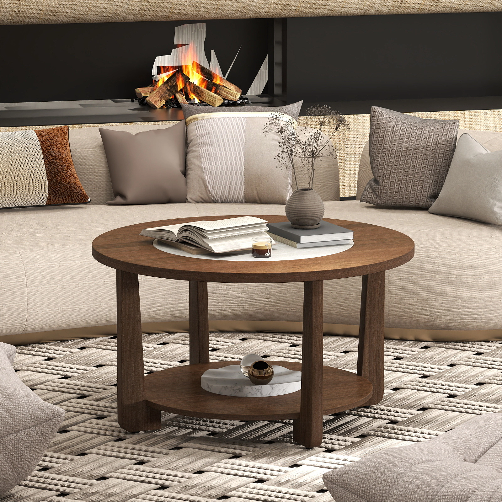 LJG Farmhouse Accent Round Coffee Table with 2-Tone Tabletop and Open Storage Shelf for Living Room