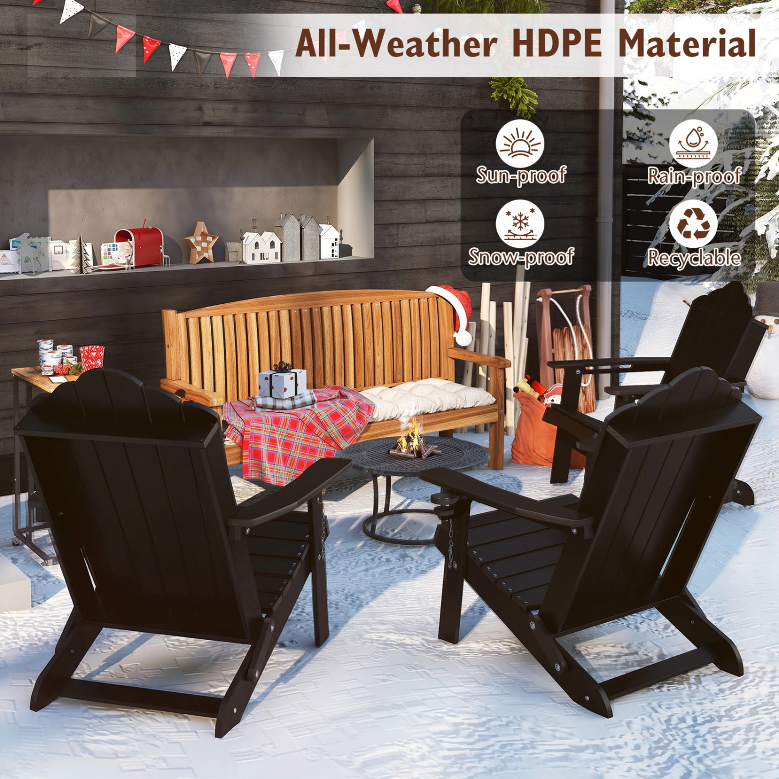 SUGIFT Weather Resistant Folding HDPE Adirondack Chair 400-lb Capacity Black