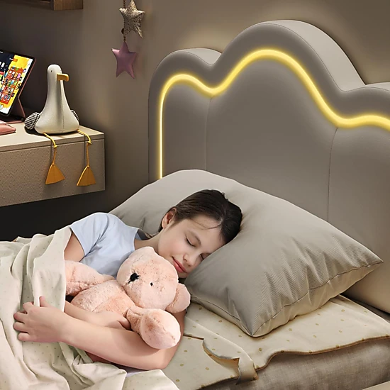 BebreezChic Girls Twin PU Platform Bed Frame with Drawer, Adjustable Upholstered Headboard and Smart LED Lights