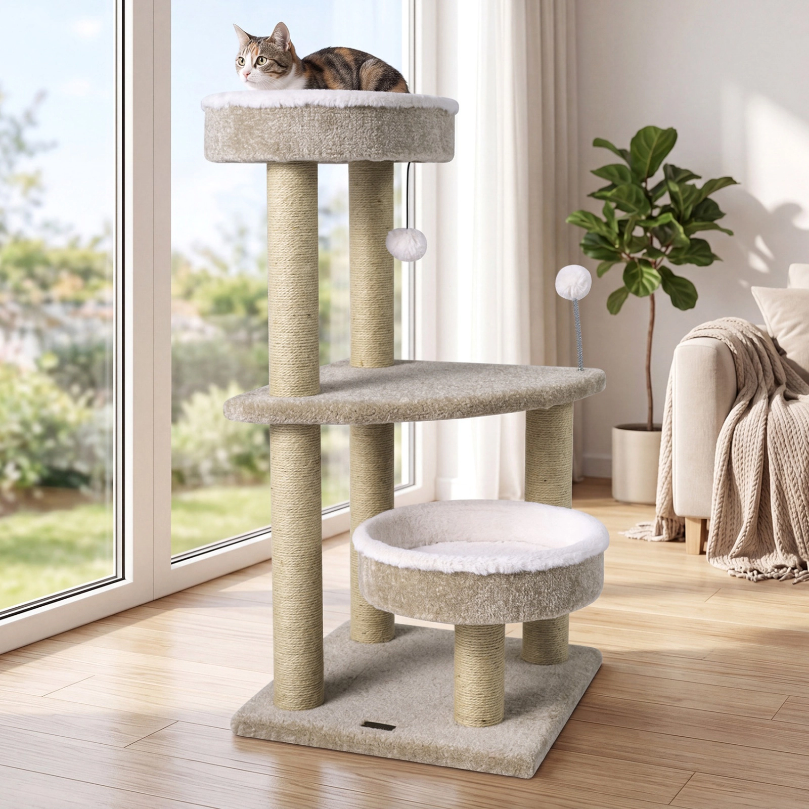 SUGIFT White Plush Perches and Jute Rope Posts 36 in Carpeted Cat Tree