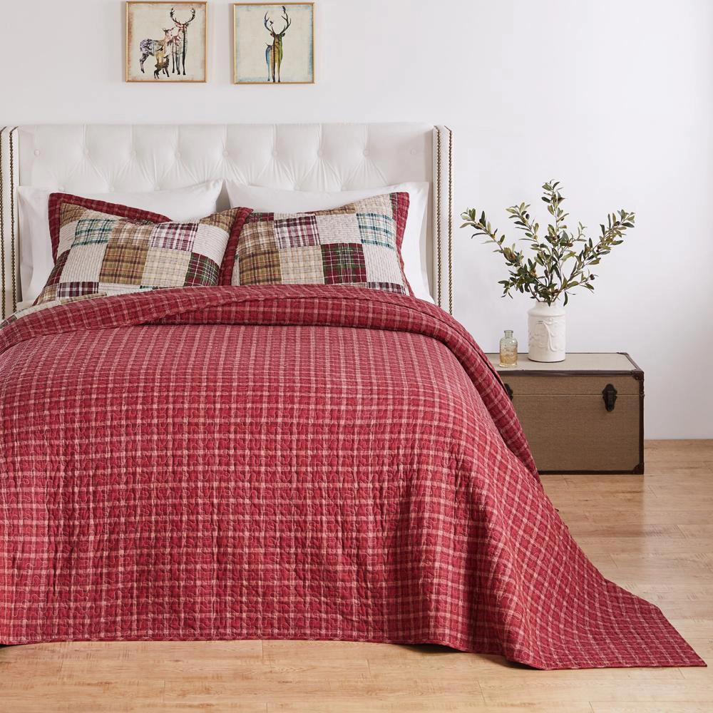 Greenland Home Fashions Oxford Plaid Cotton Jumbo Sized for Floor Length Coverage Bedspread Set