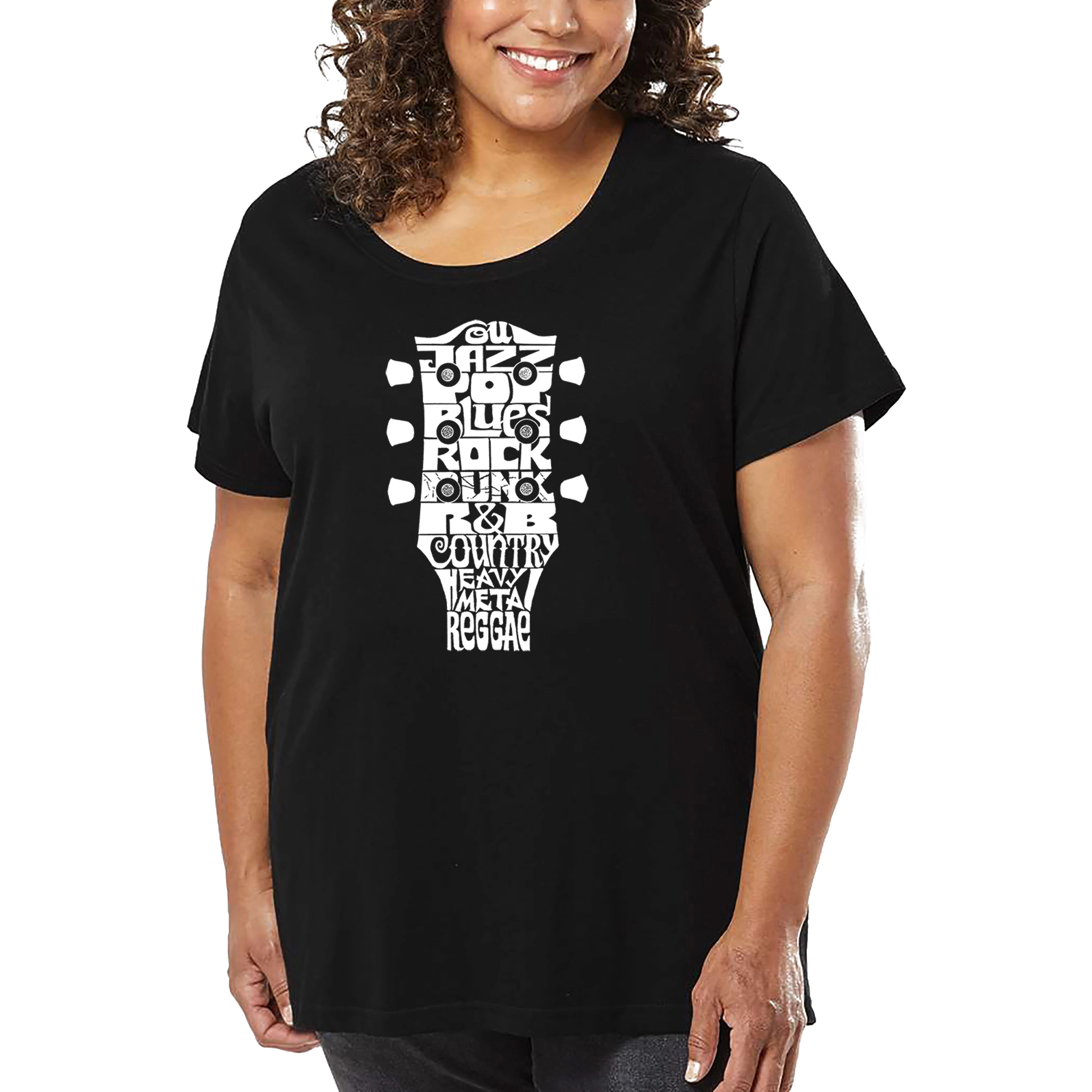 LA Pop Art Women's Plus Word T-Shirt - Guitar Head Music Genres