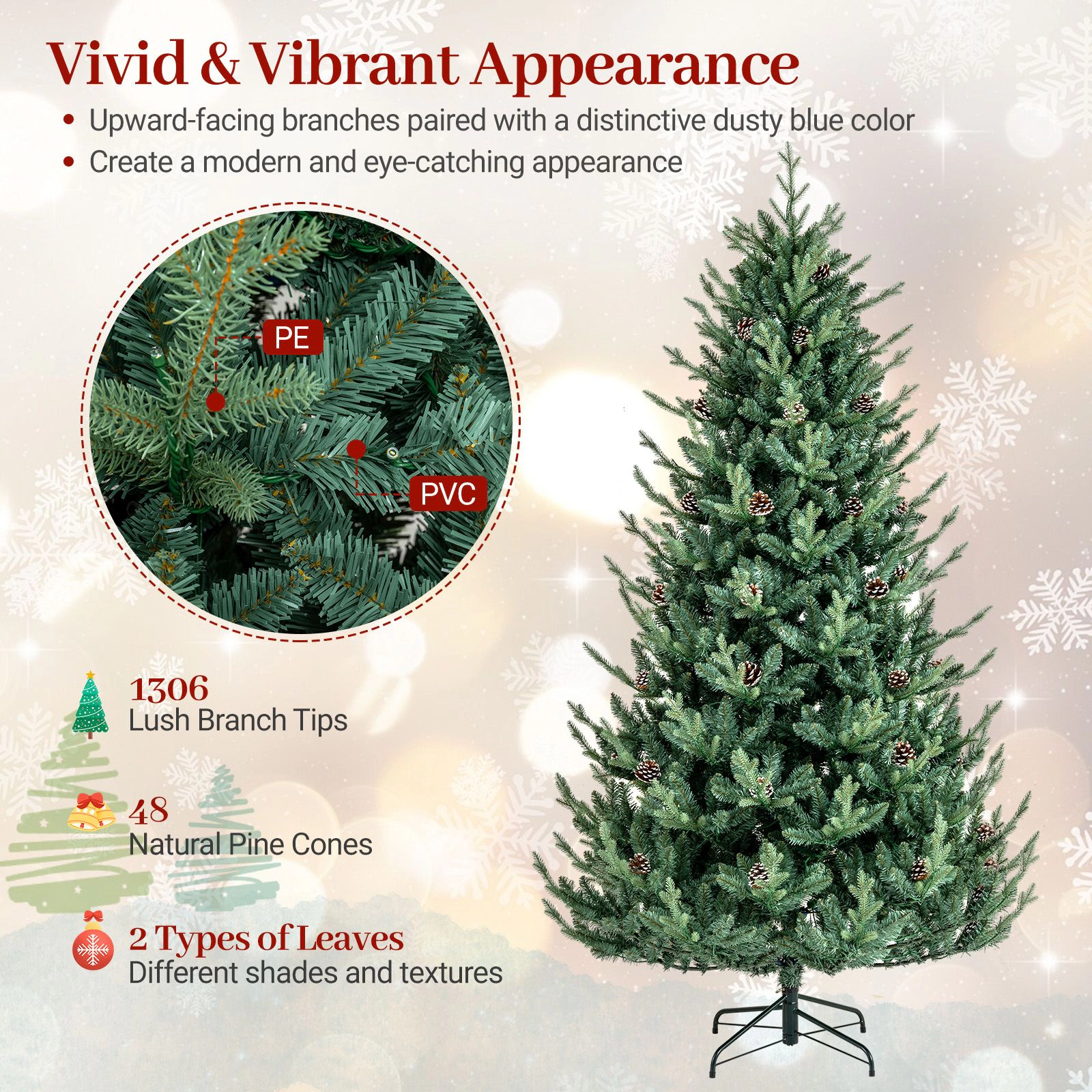 SlickBlue Green Artificial Christmas Tree with Pine Cones and Remote