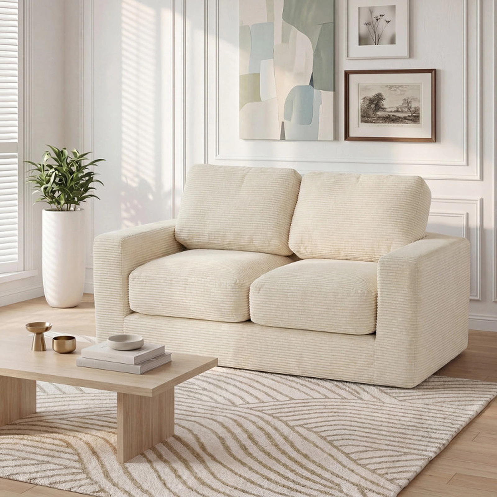 SUGIFT Beige Removable Corduroy Cover 2-Seater Floor Couch Loveseat Foam Sofa