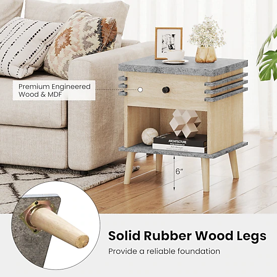 Glintex 3-Tier Nightstand with Antique Grey Faux Marble Top and Rubber Wood Legs, Gray