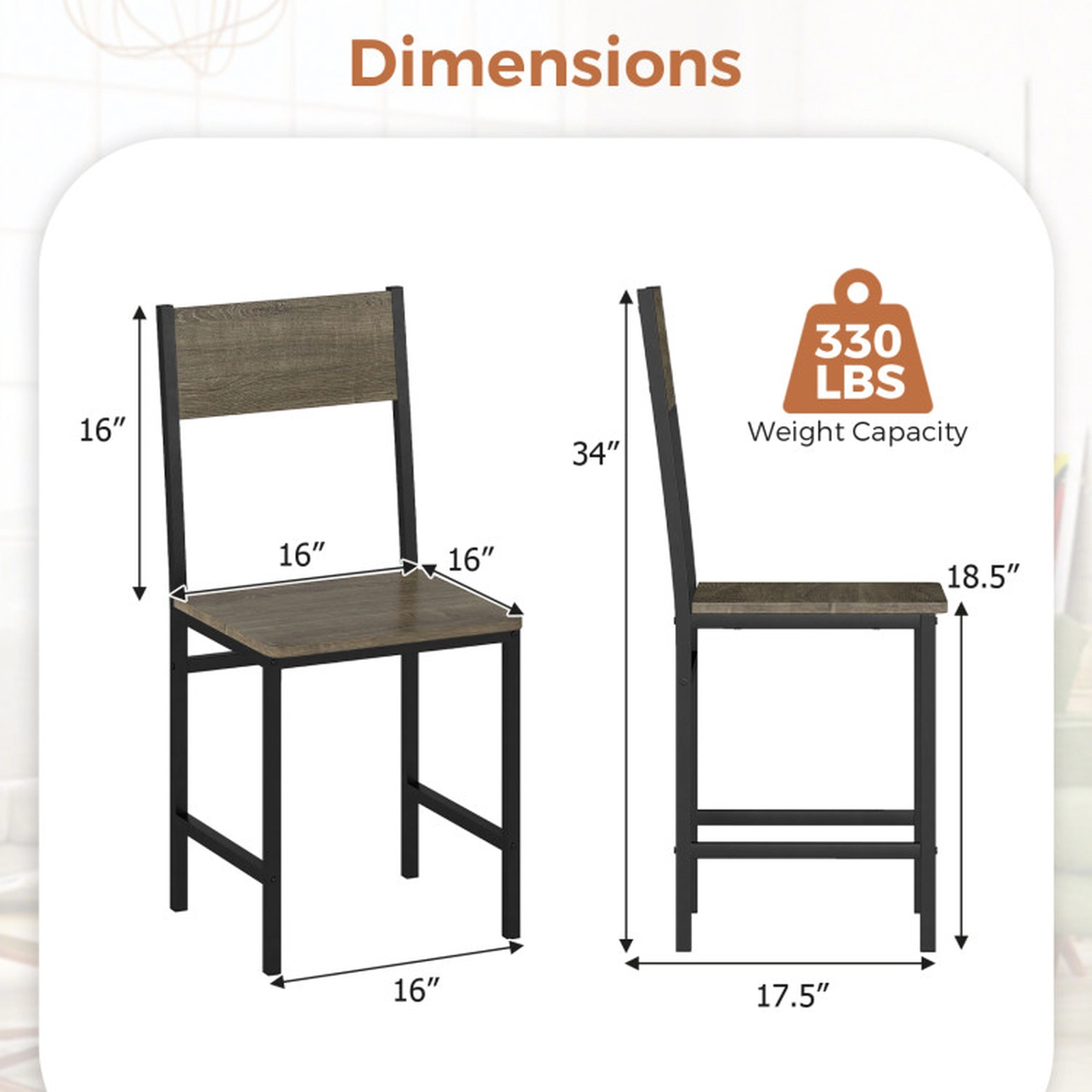 SUGIFT Set of 4 Dining Chairs Metal Legs & Slanted Back 300-lb Capacity 17.5 x 16 x 34-in Frame 16 x 16-in Seat Gray
