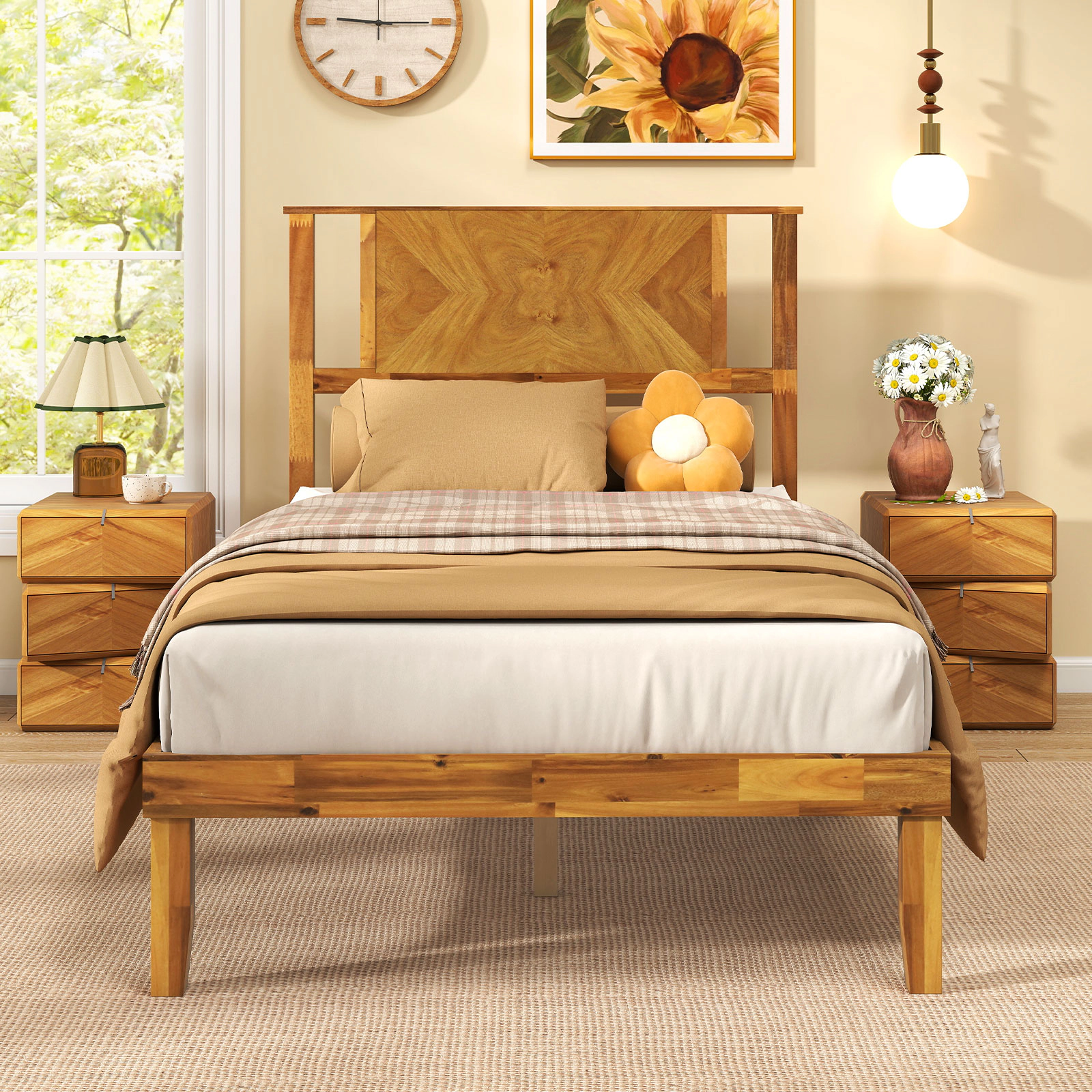 SUGIFT Twin Acacia Wood Platform Bed Frame with Mid-Century Headboard