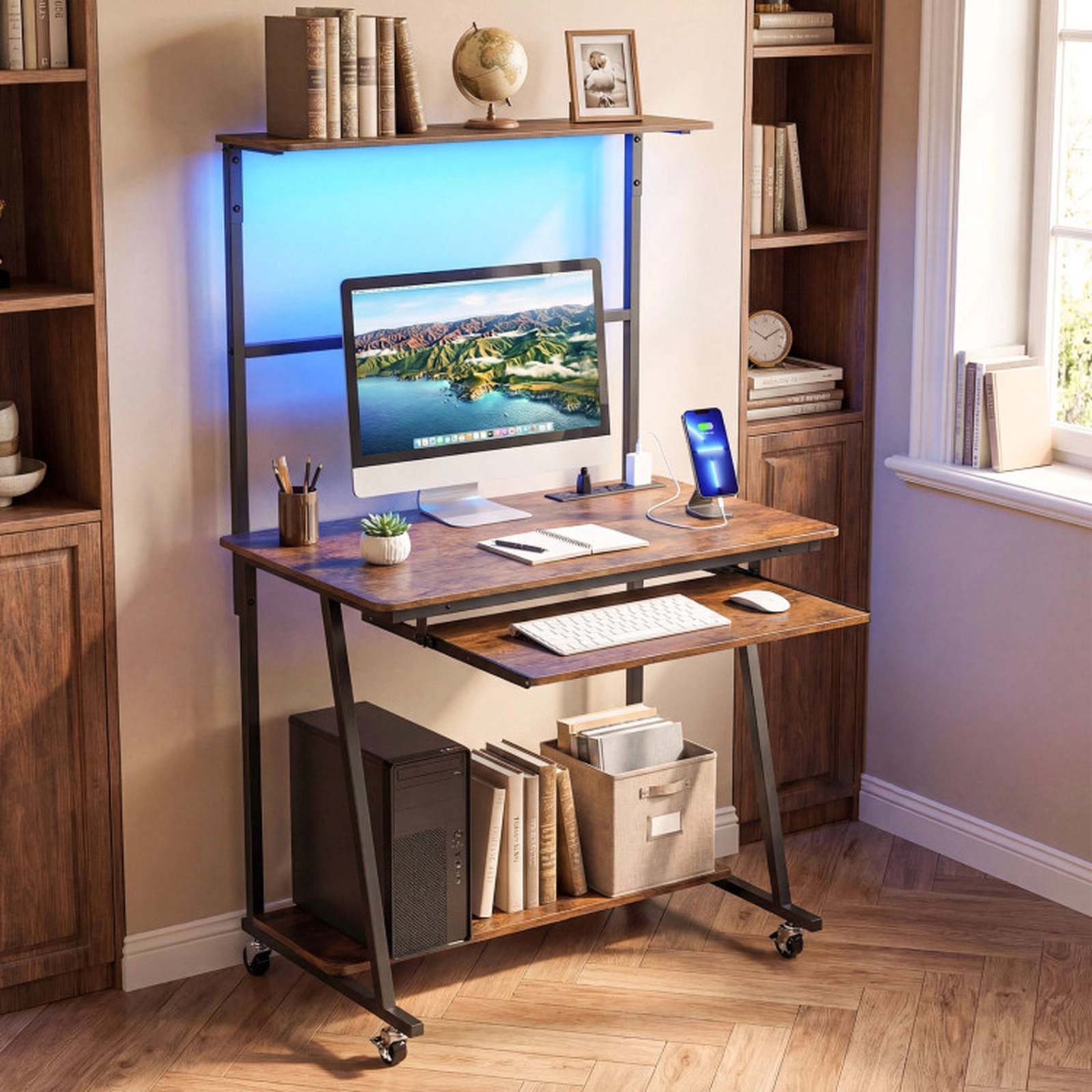 SUGIFT 4-Tier Small Computer Desk with Charging Station, LED Lights and Locking Wheels 165-lb Capacity Rustic Brown