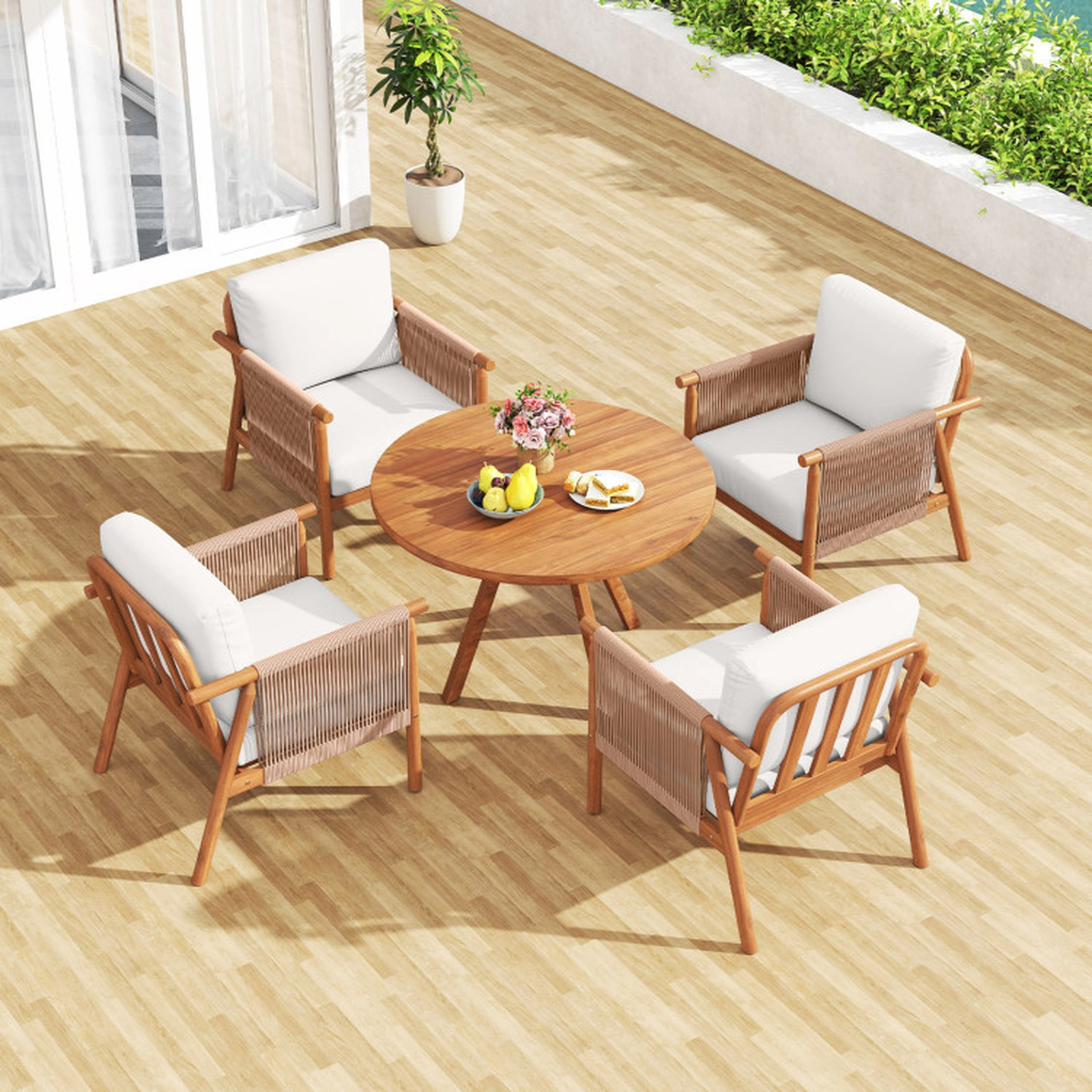 SUGIFT Set of 2 White Boho Acacia Wood Outdoor Lounge Chairs with Woven Rope Armrests