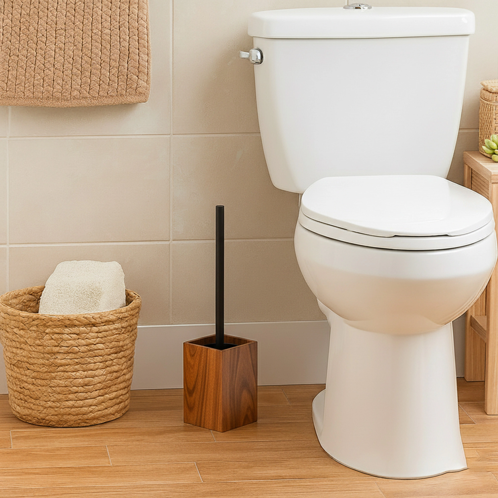 Evideco French Home Goods Acacia Wood Toilet Brush and Holder Set - Square Base, Black Handle