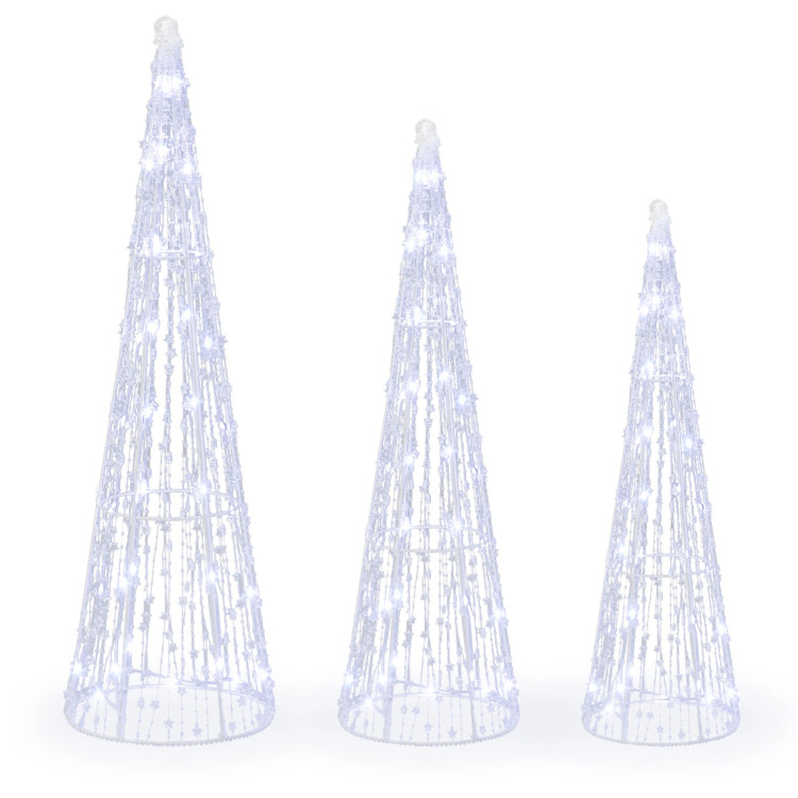 SUGIFT Set of 3 Pre-lit Christmas Cone Trees with Star Strings Metal PS PVC Cold White