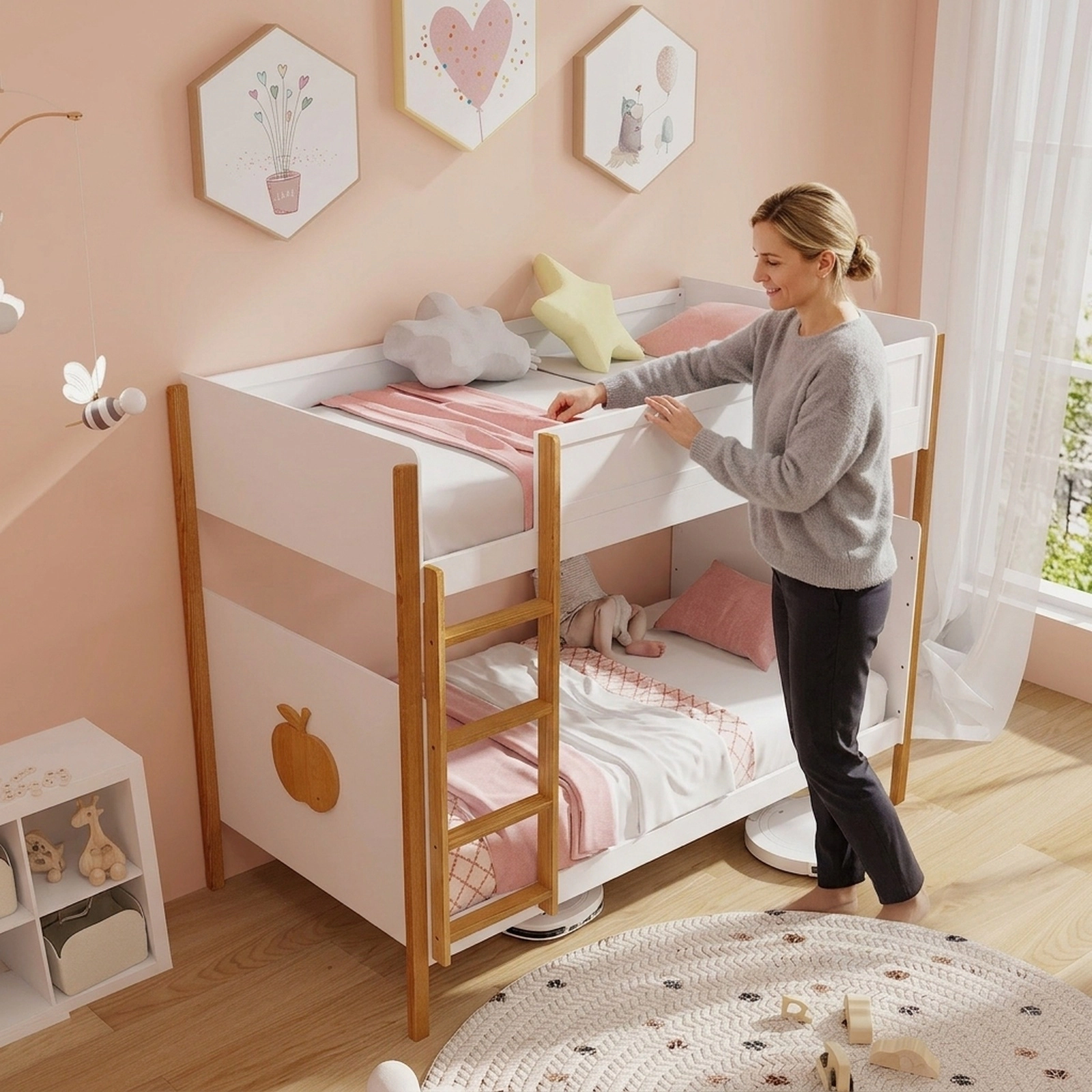 Twin Over Twin Bunk Bed for Kids with Built-In Ladder and 10.5-in Safety Guardrails 400-lb Capacity White and Honey