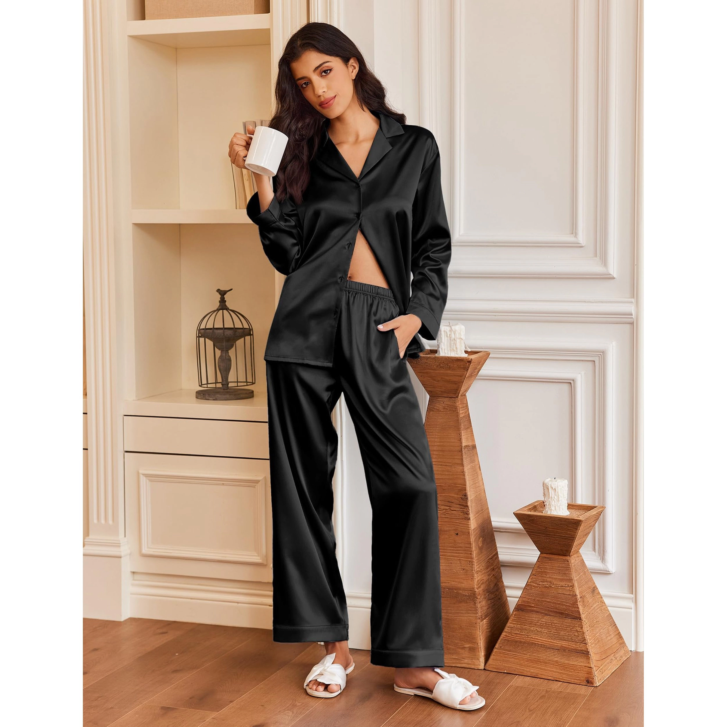 Ekouaer Silk Satin Pajamas Button Down Set Long Sleeve Two Piece Wide Leg Sleepwear