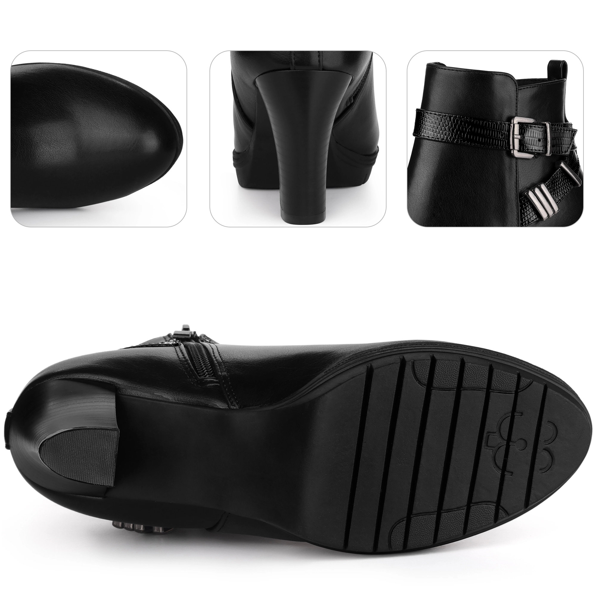 BLISSFUL STEP Women Faux Leather Cross Strap Platform Block Heel Ankle Booties