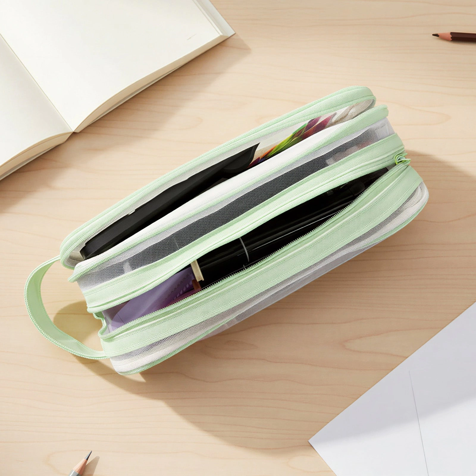 Wrapables 2-Compartment Transparent Mesh Pencil Case for Stationery, Makeup and Travel