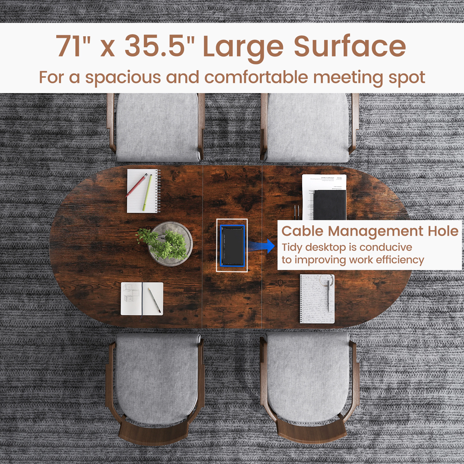SUGIFT Oval Executive Home Office Table with Cable Management Hole 265-lb Capacity Rustic Brown & Black