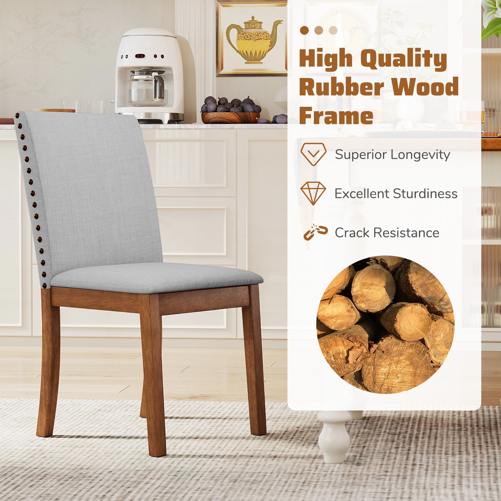SUGIFT Set of 2 Upholstered Dining Chairs Nailhead Trim 400-Lb Capacity 23-in x 19-in x 36-in Frame Ash Gray + Walnut