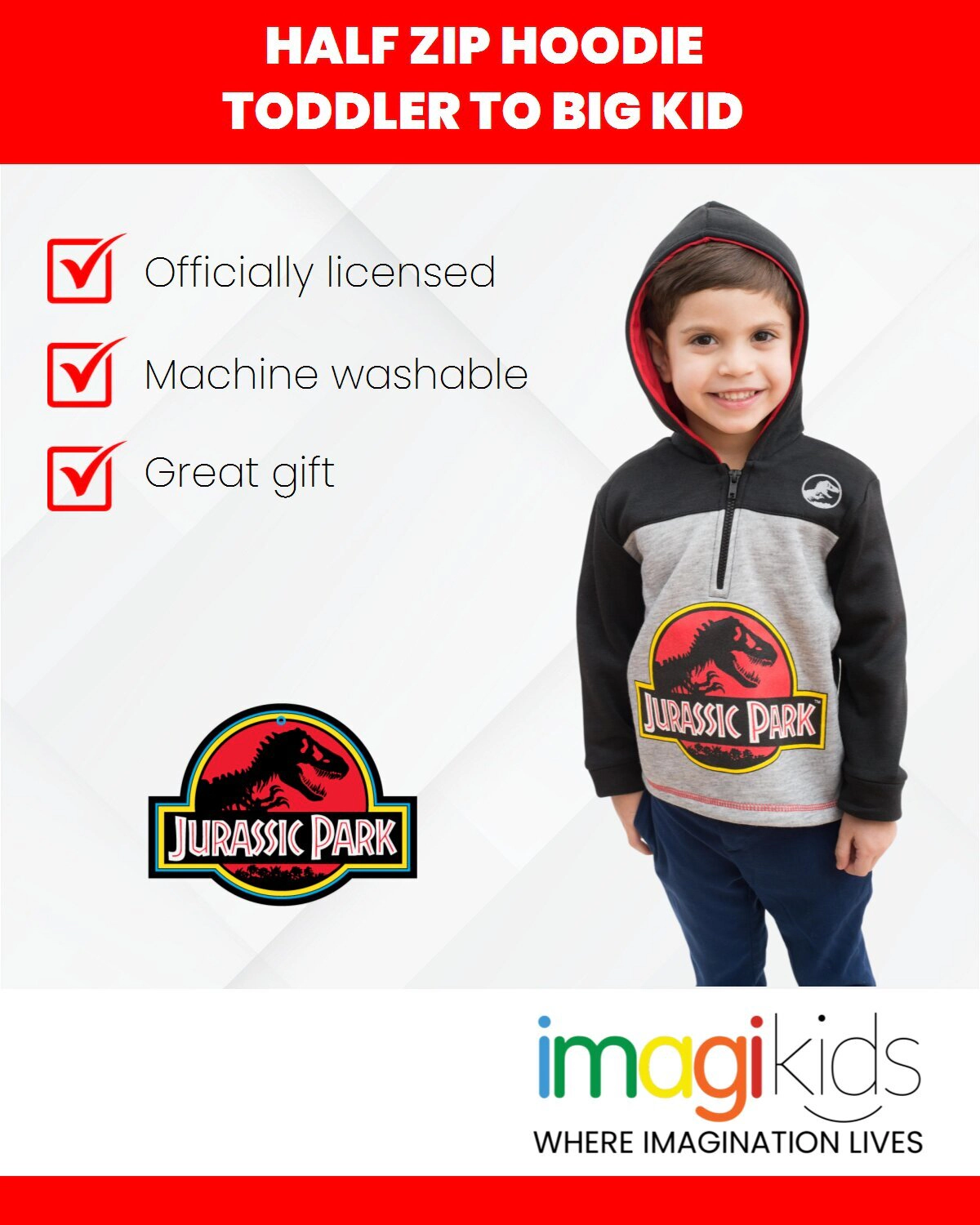 Jurassic World Park T-Rex Boys' Fleece Quarter-Zip Hoodie