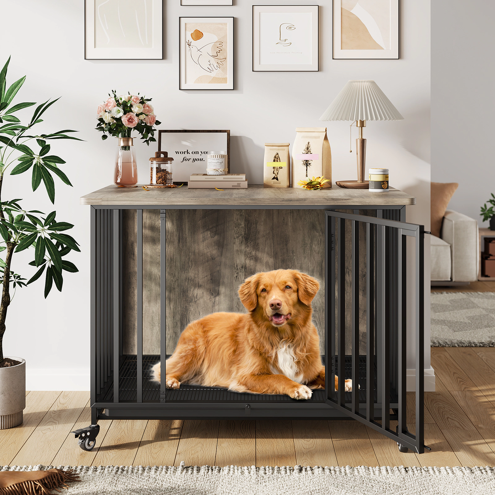 39" Heavy Duty Dog Crate Furniture with Wheels & Removable Tray, Wooden Pet Cage End Table for Medium Dogs