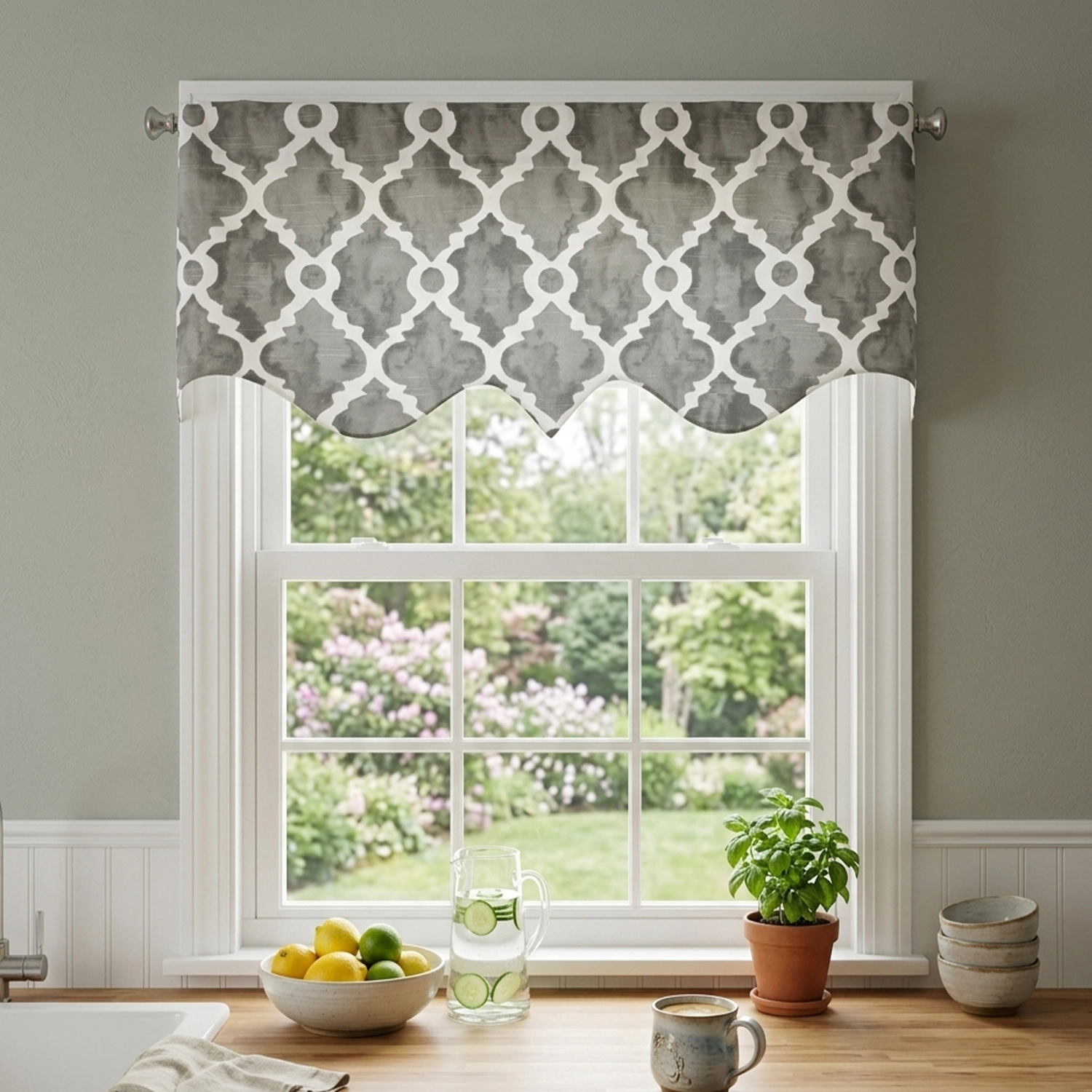 RLF Home 100% Cotton Lattice Regal With Ivory Lining Rod Pocket Window Valance 50" x 17" Gray