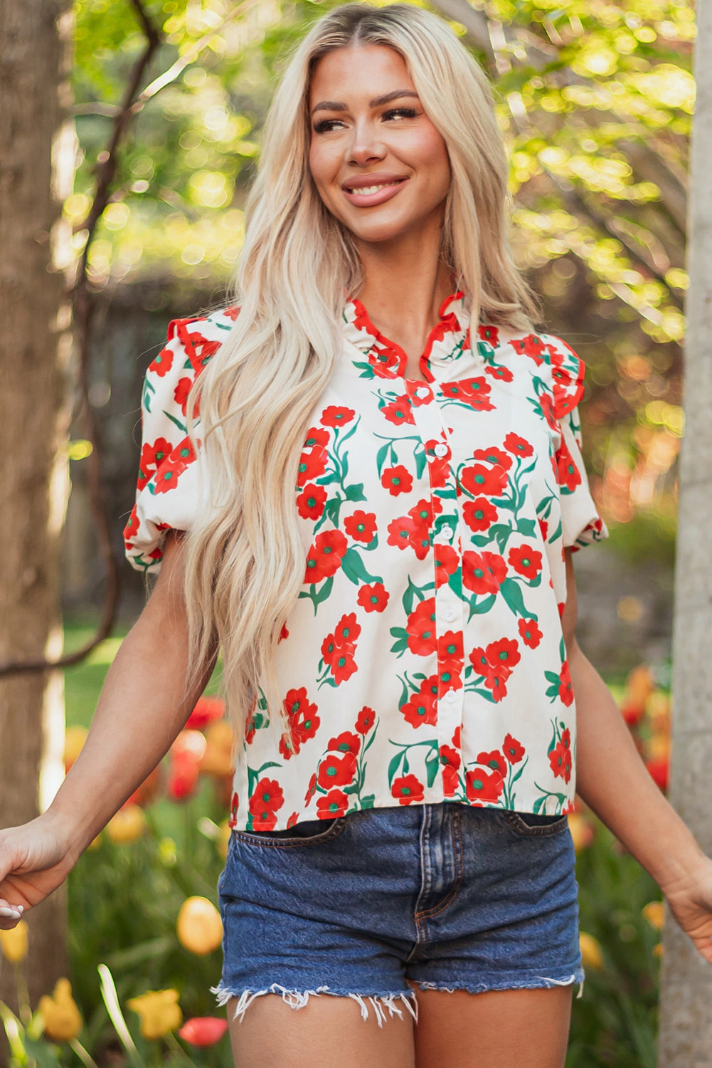 Threaded Pear Women's Amyra Floral  Puff Sleeve Blouse