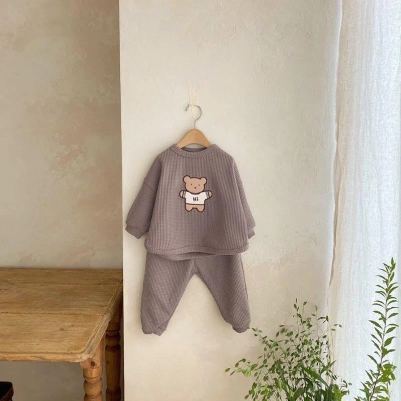 MyKids-USA Baby Cartoon Bear Embroidered Pattern Waffle Fabric Hoodies Sets