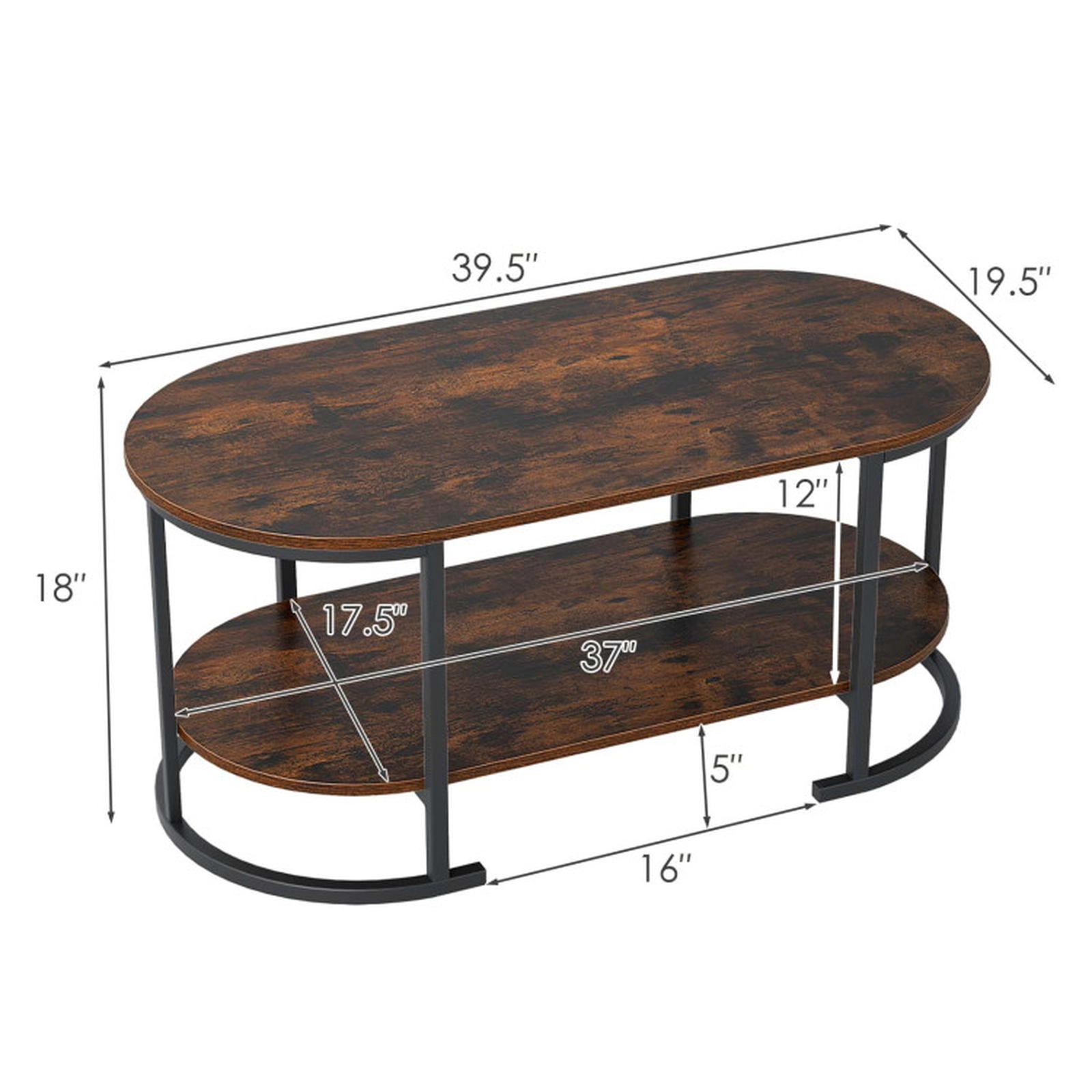SUGIFT 2-Tier Oval Wood Grain Metal Frame Coffee Table 39.5-in x 19.5-in x 18-in 88-lb per Shelf Rustic Brown