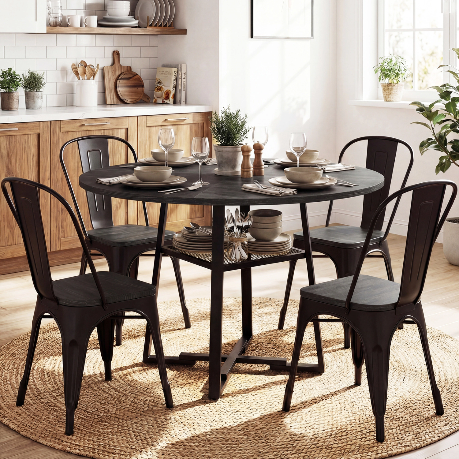 LJG Round Dining Table for 4-6 with Storage Shelf and Metal Legs