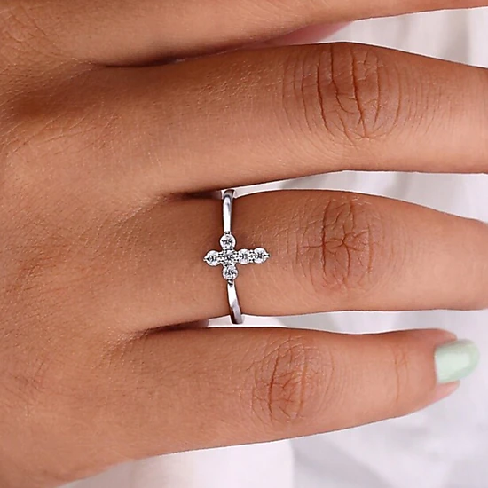 Wardrobe Whimsy Womens Dainty Cross Cubic Zirconia Ring Silver Tone Minimalist Thin Band Religious Promise Ring