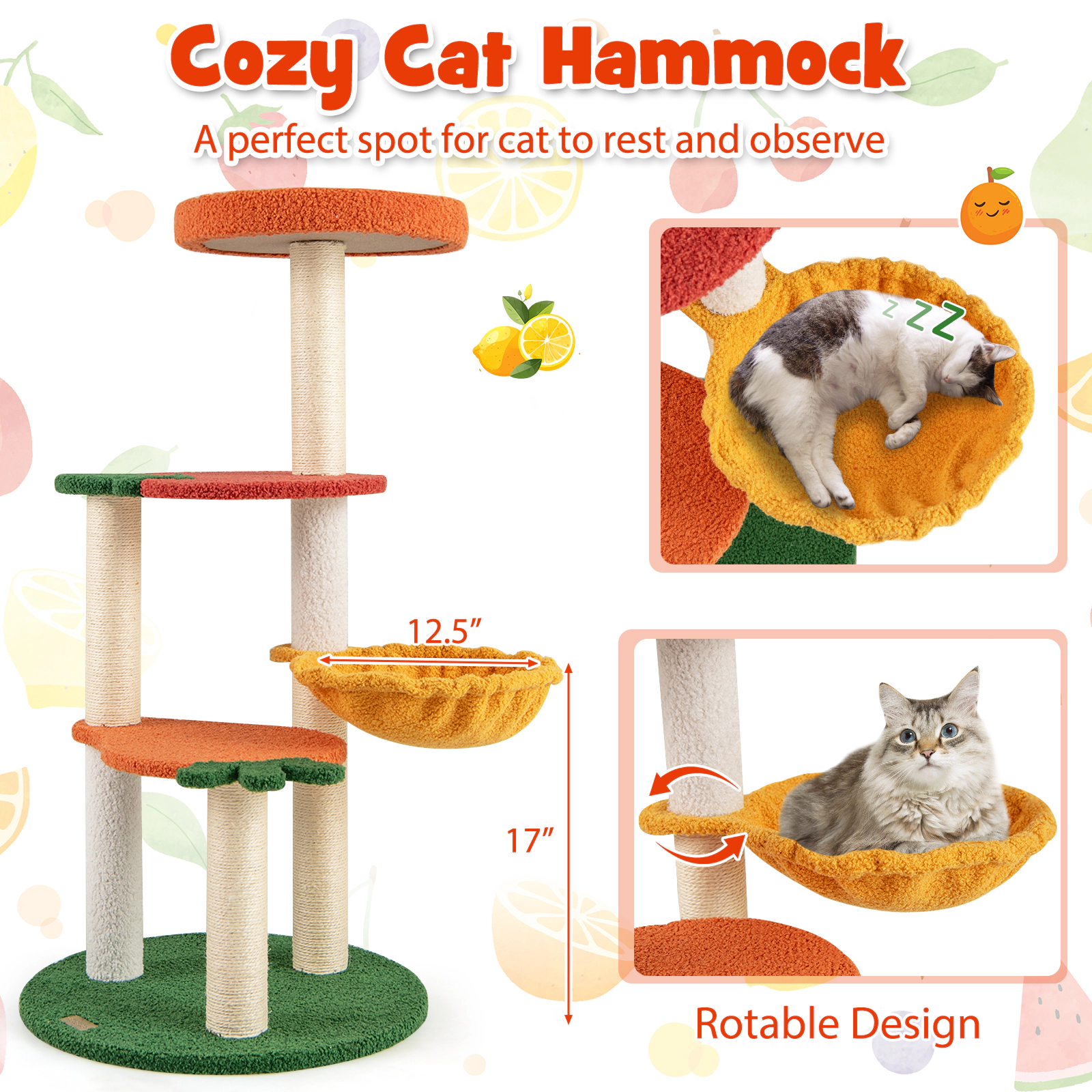 SUGIFT 39-in Tall Fruit-Shaped Multi-Level Cat Tree with Rotating Basket Sisal Posts and Fleece Perch