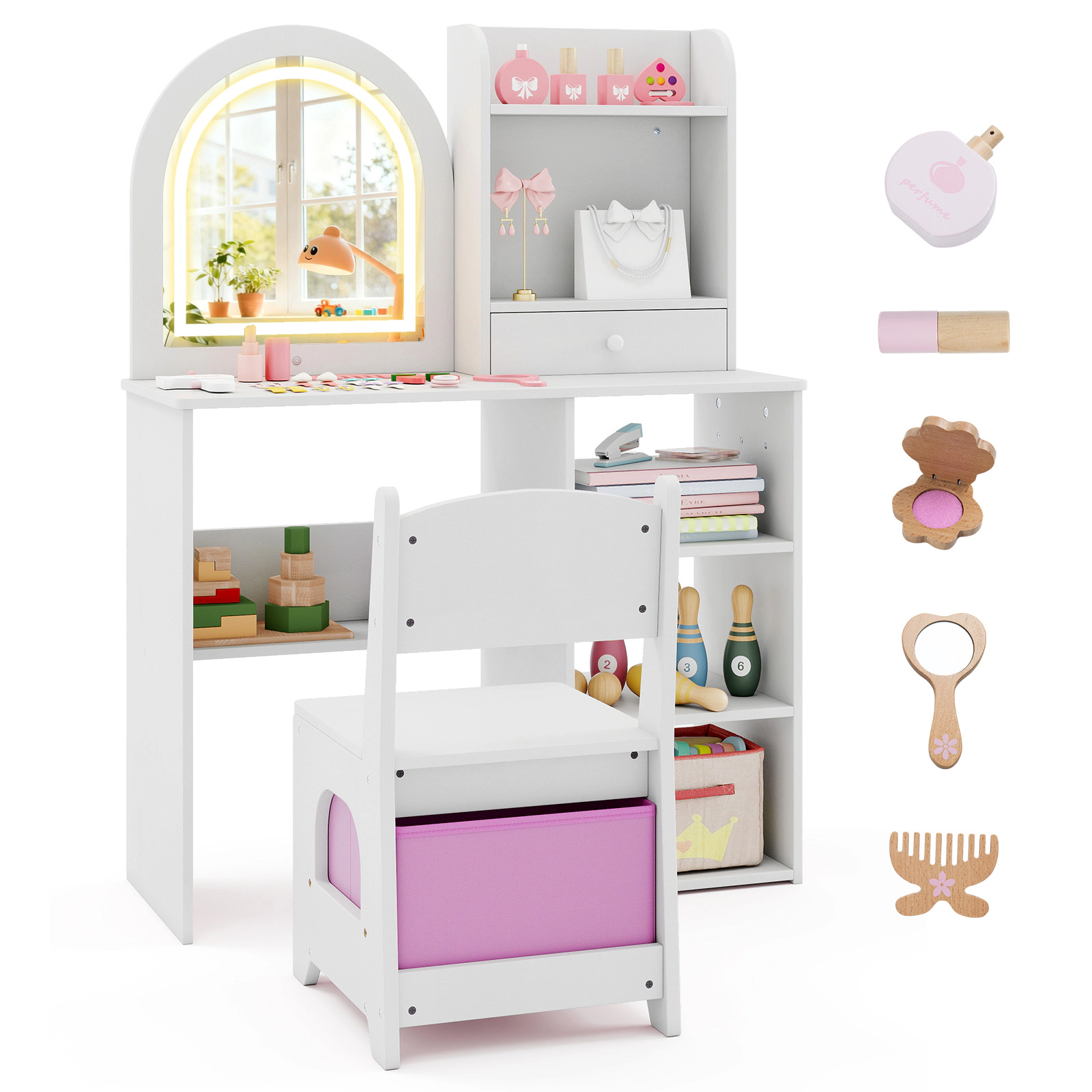 SUGIFT White 3-Color LED Lighted Mirror and Fabric Drawer Kids Vanity Desk and Chair Set