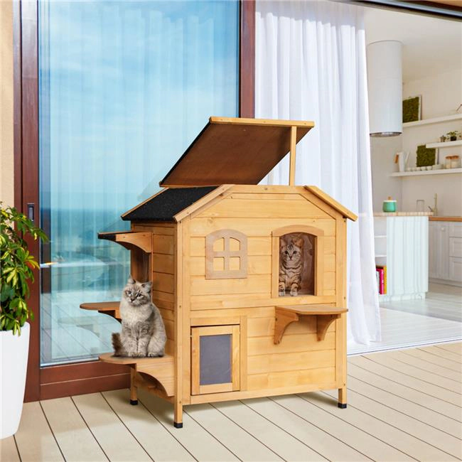 212 Main PawHut 2-Story Outdoor Weatherproof Wooden Cat House Enclosure for Feral Cats