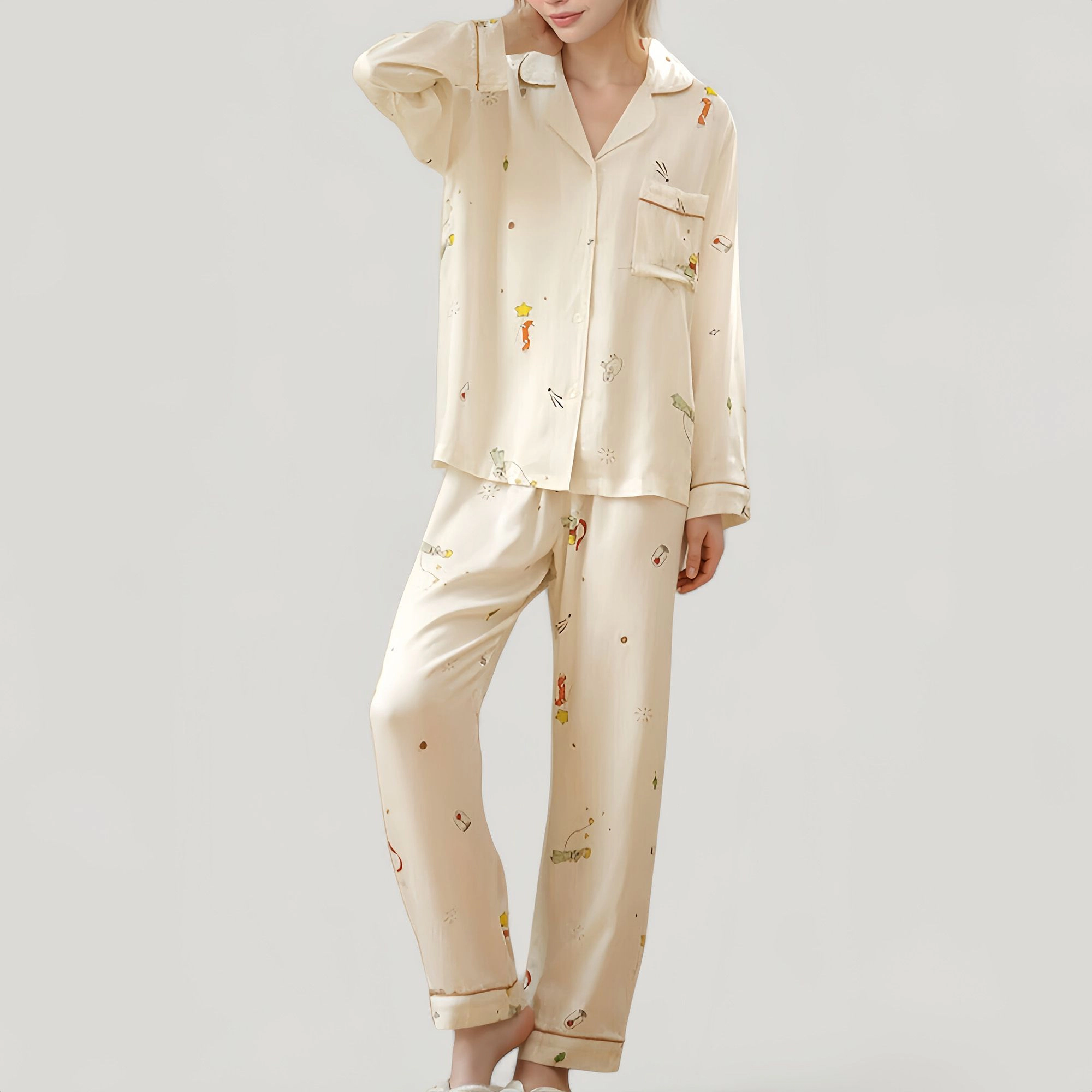 Anna-Kaci Women's Button Down Two-Piece Pajama Set with Allover Whimsical Print and Chest Pocket