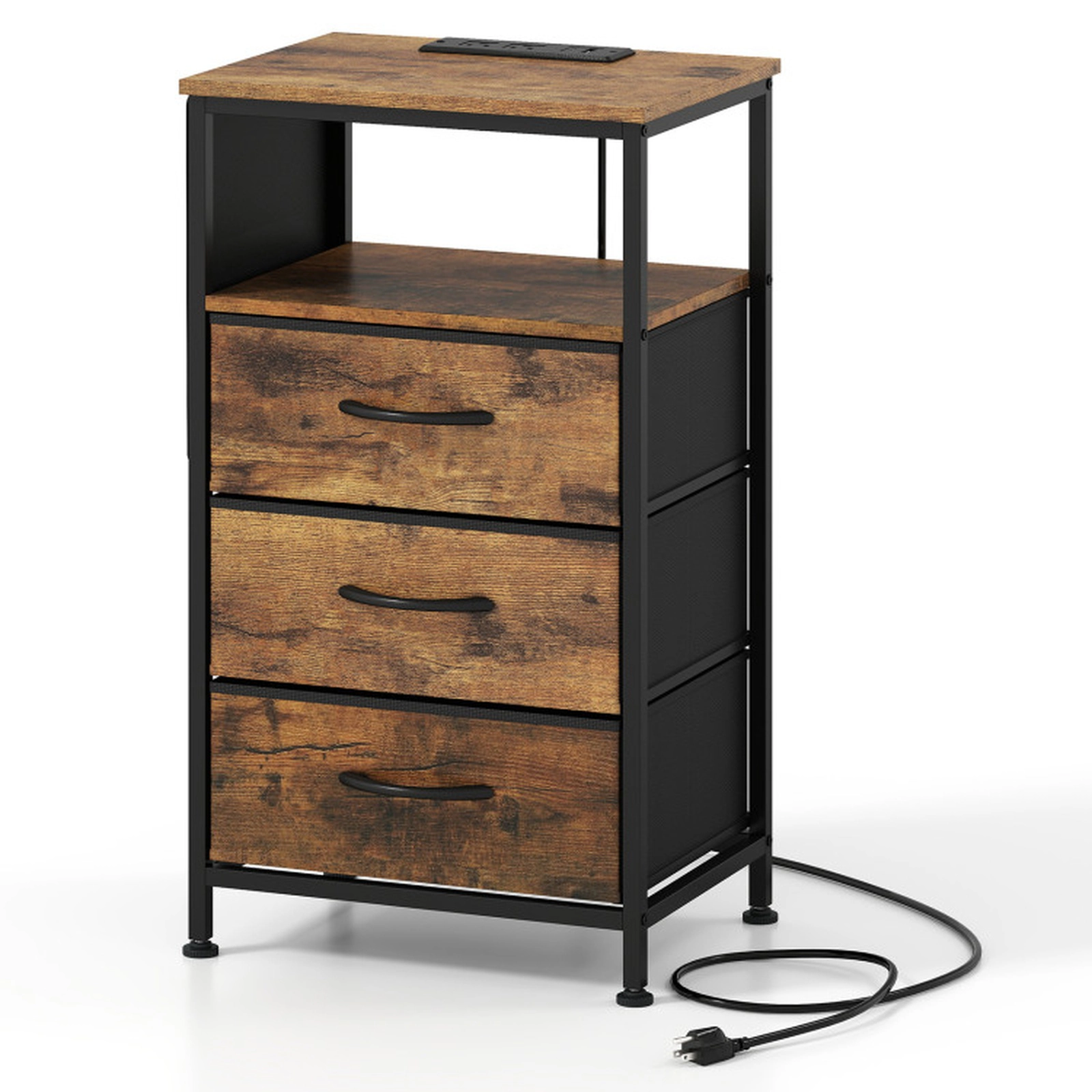 SUGIFT 27.5-in Rustic Brown Tall Nightstand with Charging Station, 3 Fabric Drawers and Side Pocket