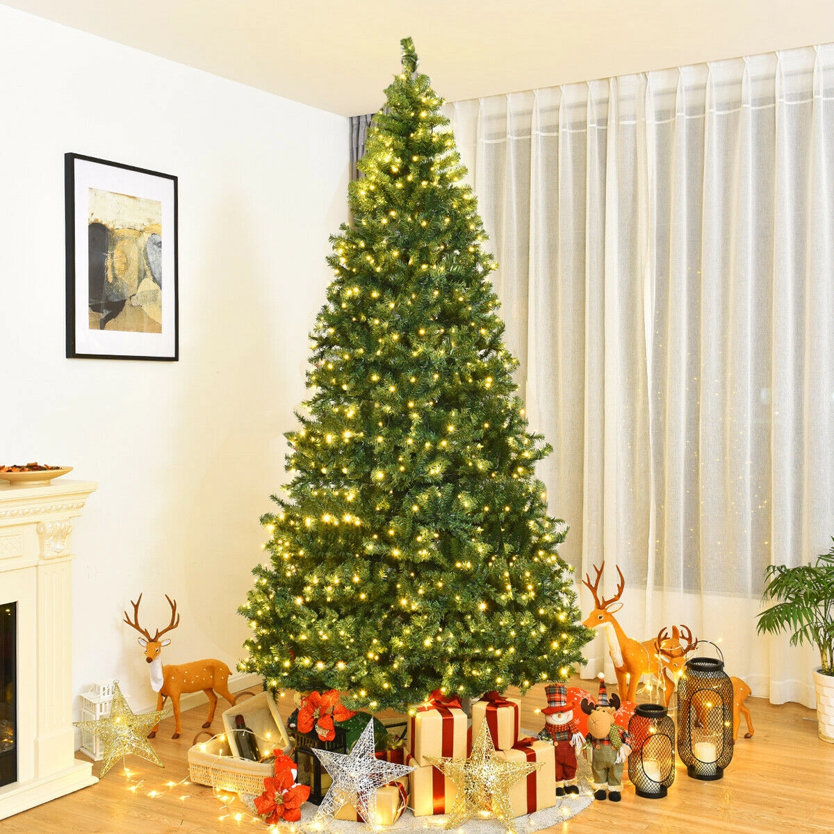 SUGIFT 9-ft Green Pre-Lit Hinged Artificial Christmas Tree with 1000 LED Lights 2944 Tips and 11 Patterns