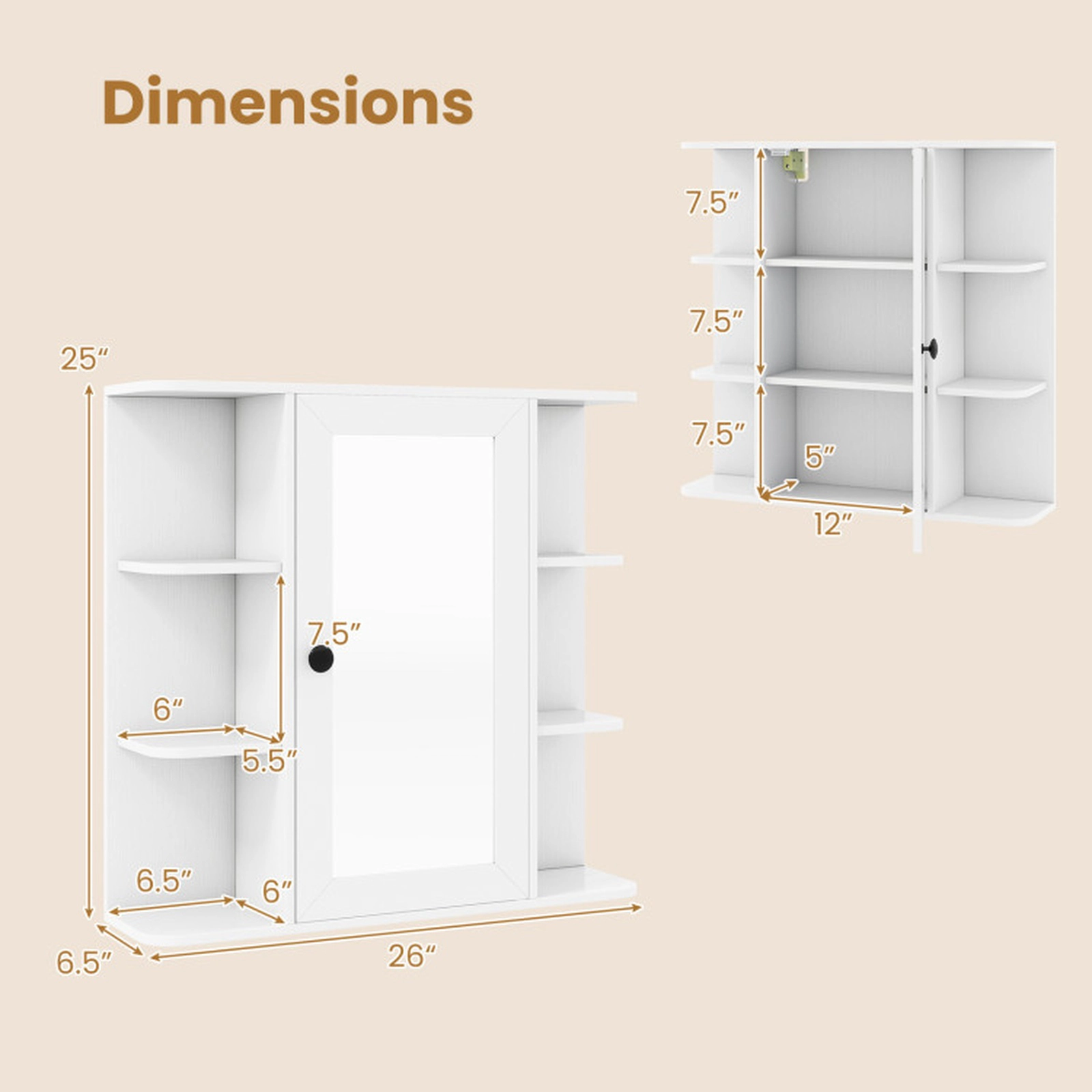 SUGIFT Mirror Door 3 Compartments 6 Open Shelves Bathroom Medicine Cabinet 26-in x 6.5-in x 25-in 120-lb White