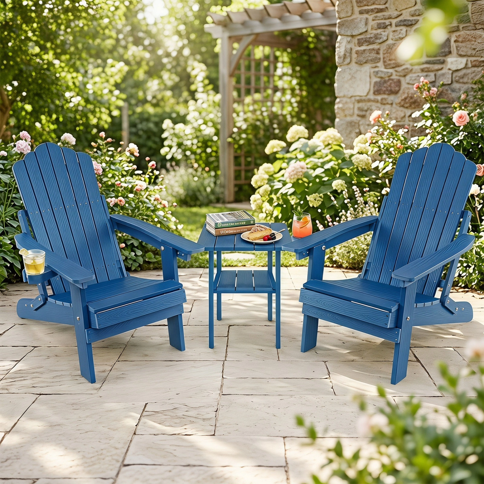 SUGIFT 2-Piece Folding Adirondack Chair Set, 5-Position Recline to 135°, Swivel Cup Holders, Navy HIPS