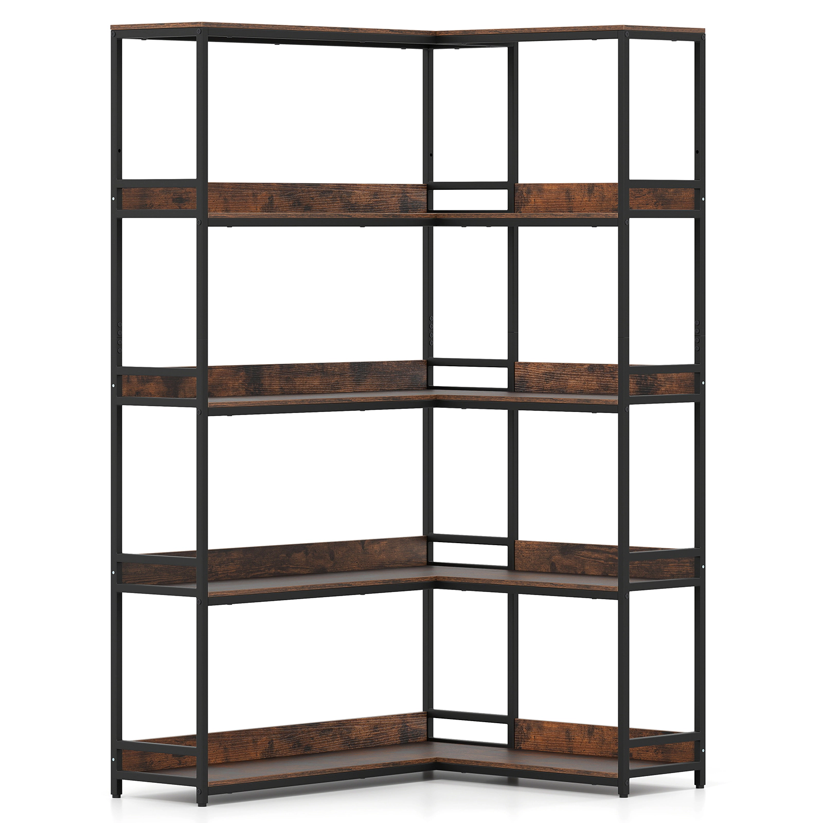 SUGIFT 5-Tier Corner L-Shaped Bookcase Etagere Bookshelf with Metal Frame 71-in Tall 275-lb Capacity Rustic Brown