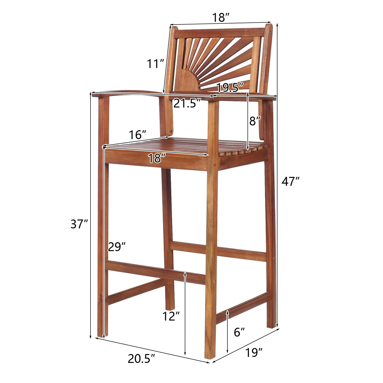 LJG 2 Pieces Outdoor Acacia Wood Bar Chairs with Sunflower Backrest and Armrests