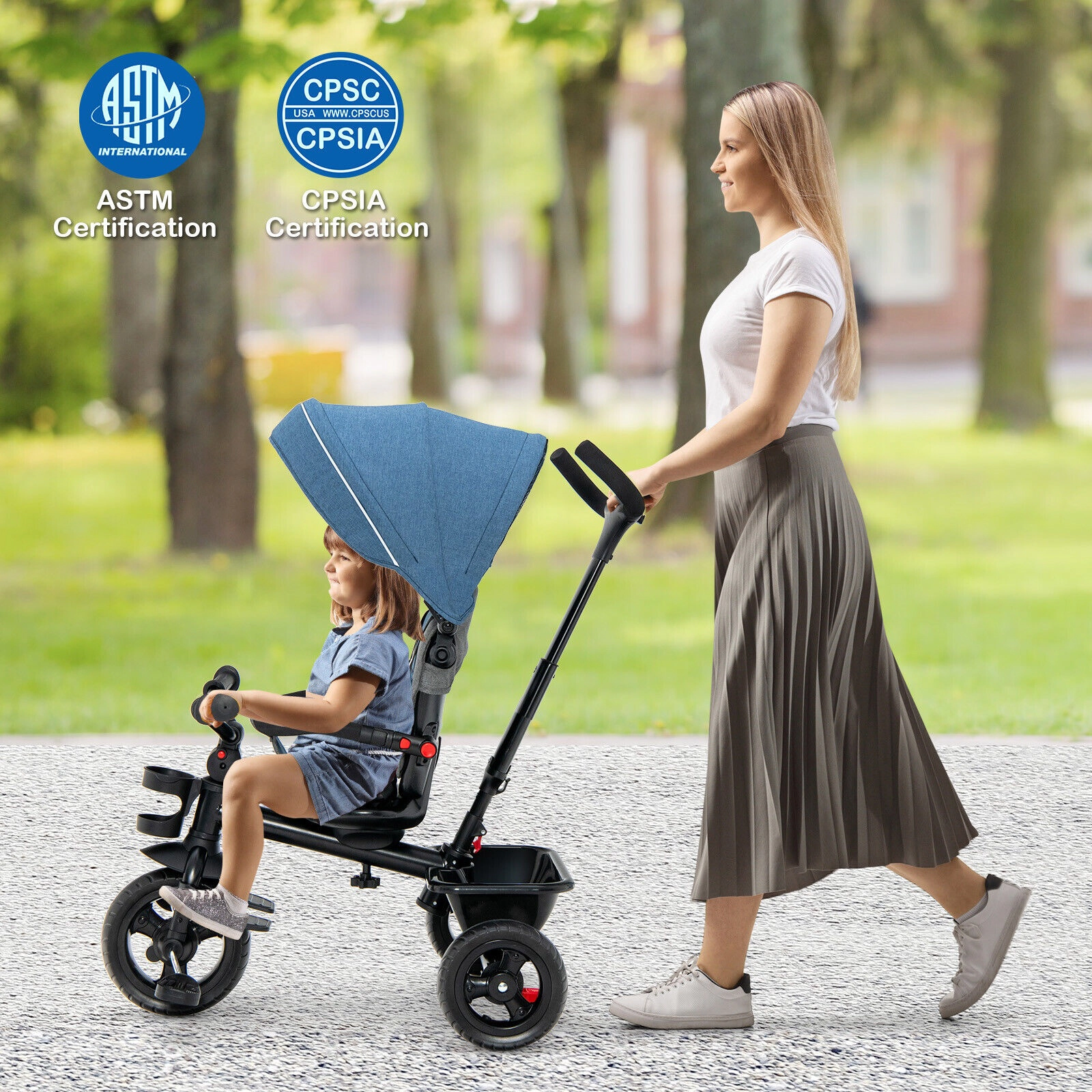 SUGIFT 4-in-1 Baby Tricycle Toddler Trike Convertible Seat Full Size Stroller 55-lb Capacity Ages 1.5-5 Years Blue