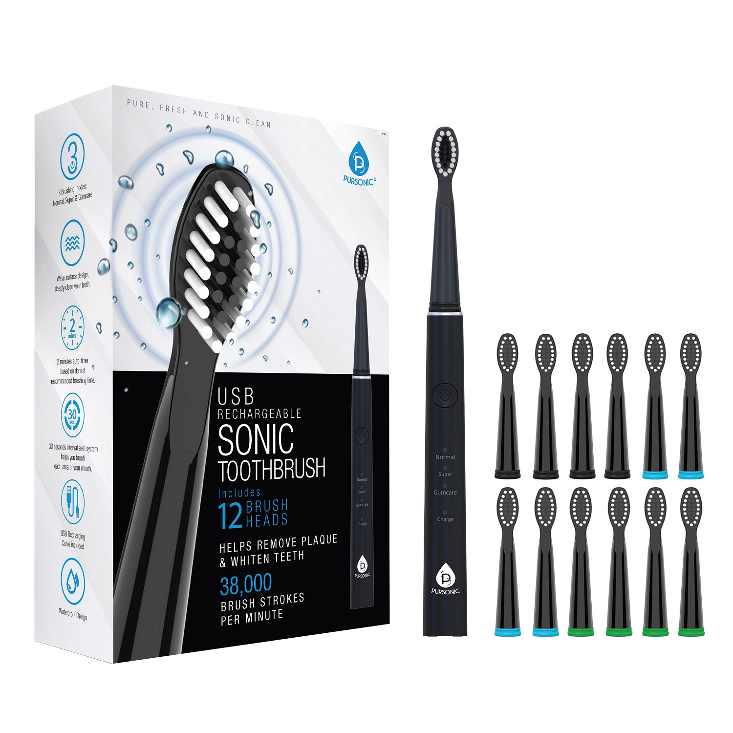 Pursonic Unisex Sonic Electric Toothbrush Set: USB Rechargeable with 12 Brush Heads