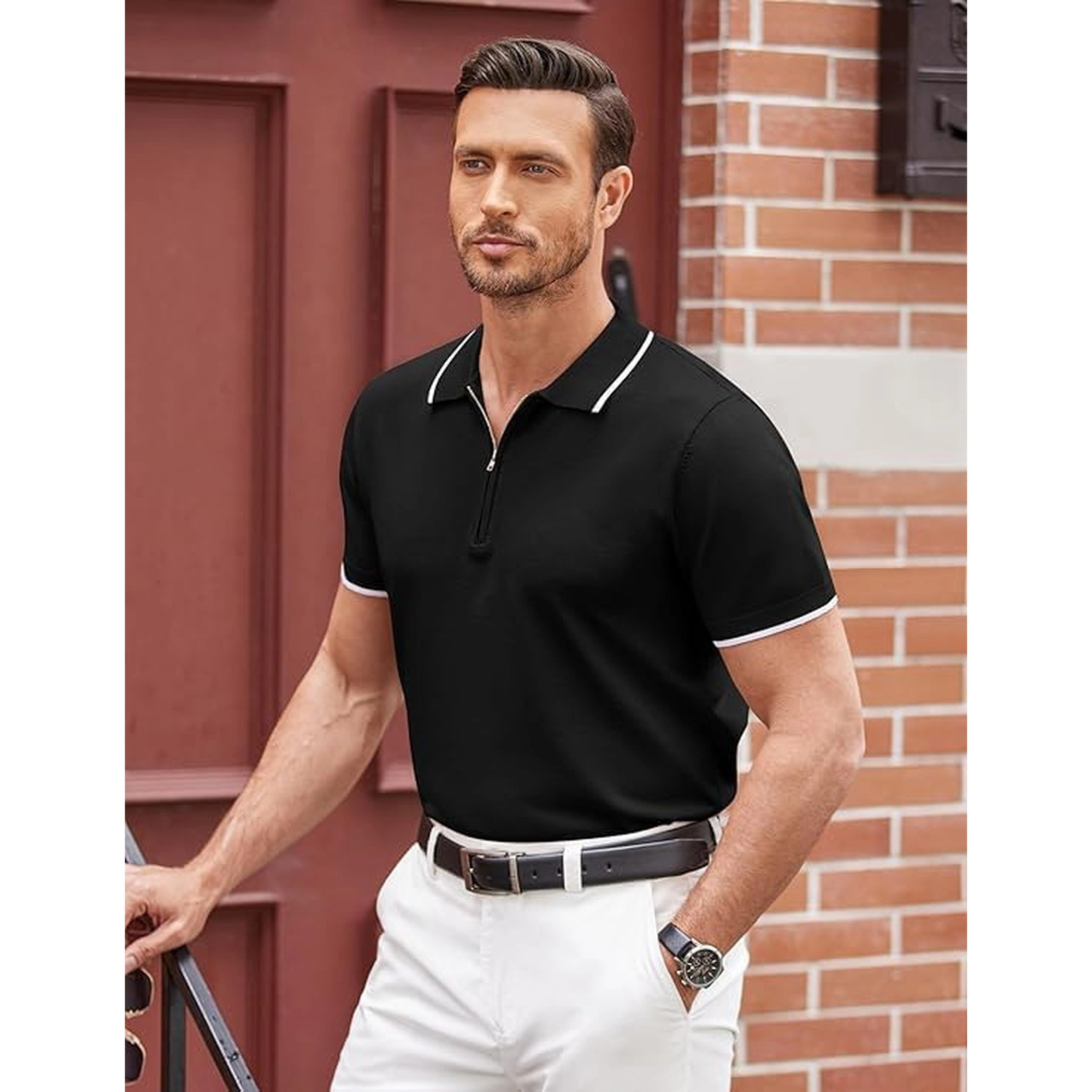 COOFANDY Short Sleeve Polo Shirts Summer Half Zip Collar Ribbed Casual Tops