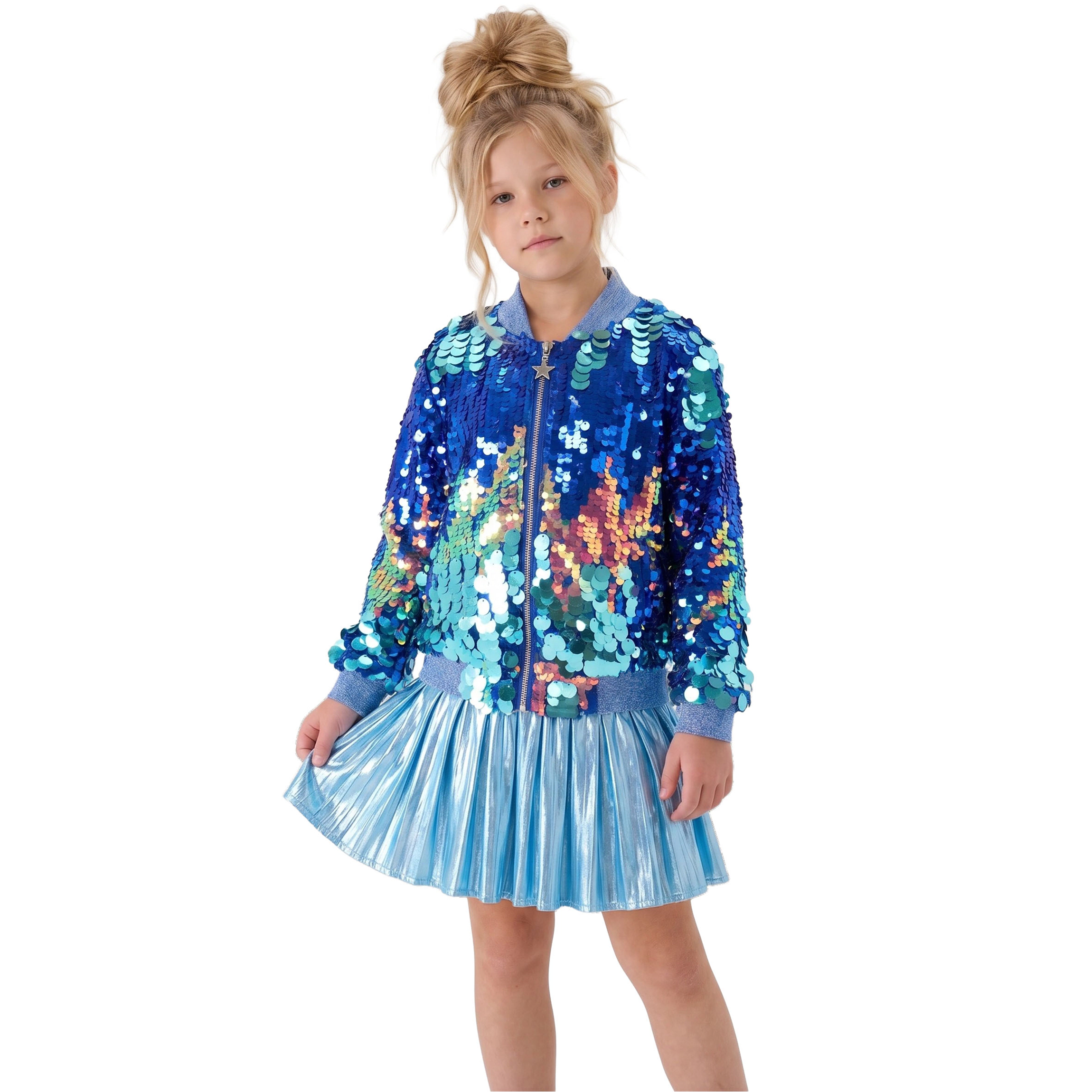 2Bunnies Girls' Cosmic Cerulean Sequin Holiday Party Bomber Jacket