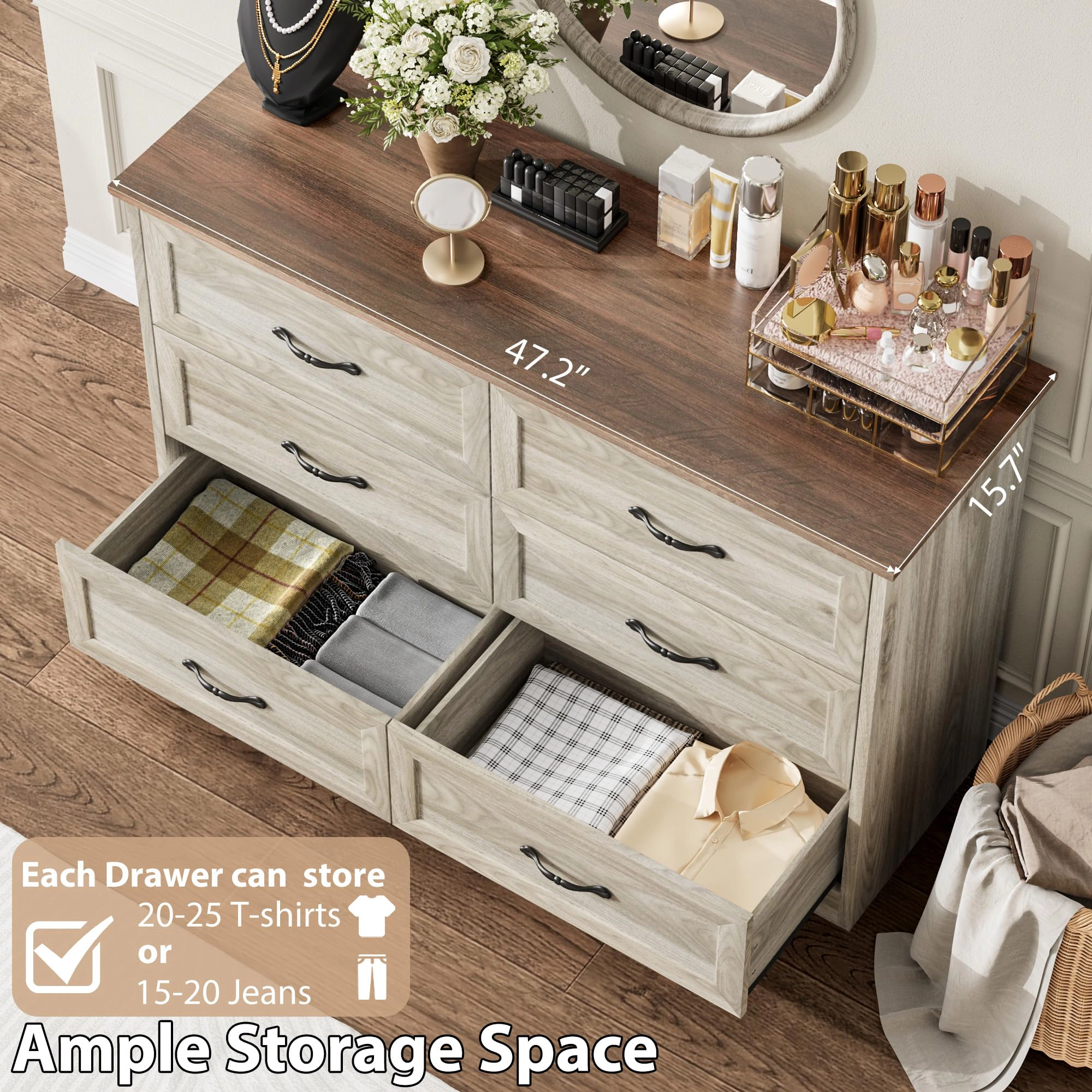 Farmhouse 6 Drawer Dresser with Metal Handles, 47.2" Wide Wooden Storage Cabinet for Bedroom