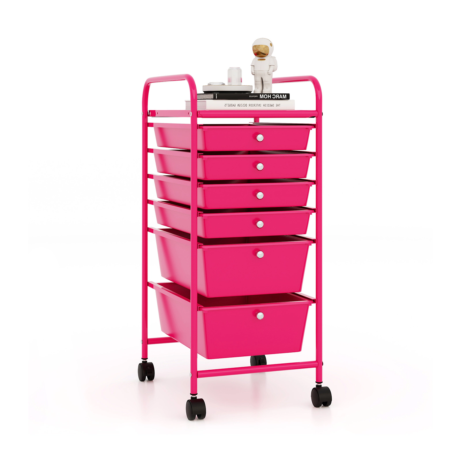 SUGIFT Multifunctional 6-Drawer Rolling Storage Cart Organizer 30-in Tall Rose Red