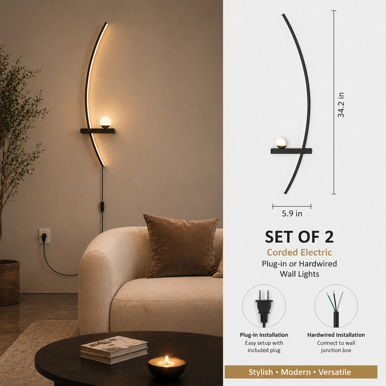 EP Light 2-Pack 33 in LED Bedroom Wall Lights Black Metal Modern Wall Sconces