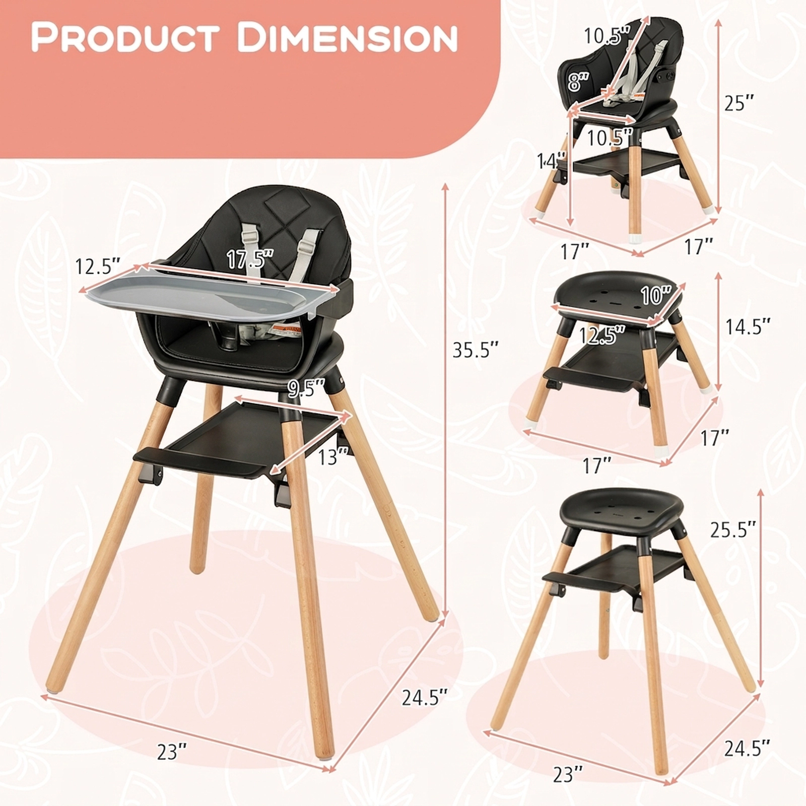 6-in-1 Baby High Chair Booster Seat and Toddler Table and Chair Set with 5-Point Safety Harness and Waterproof Cushion