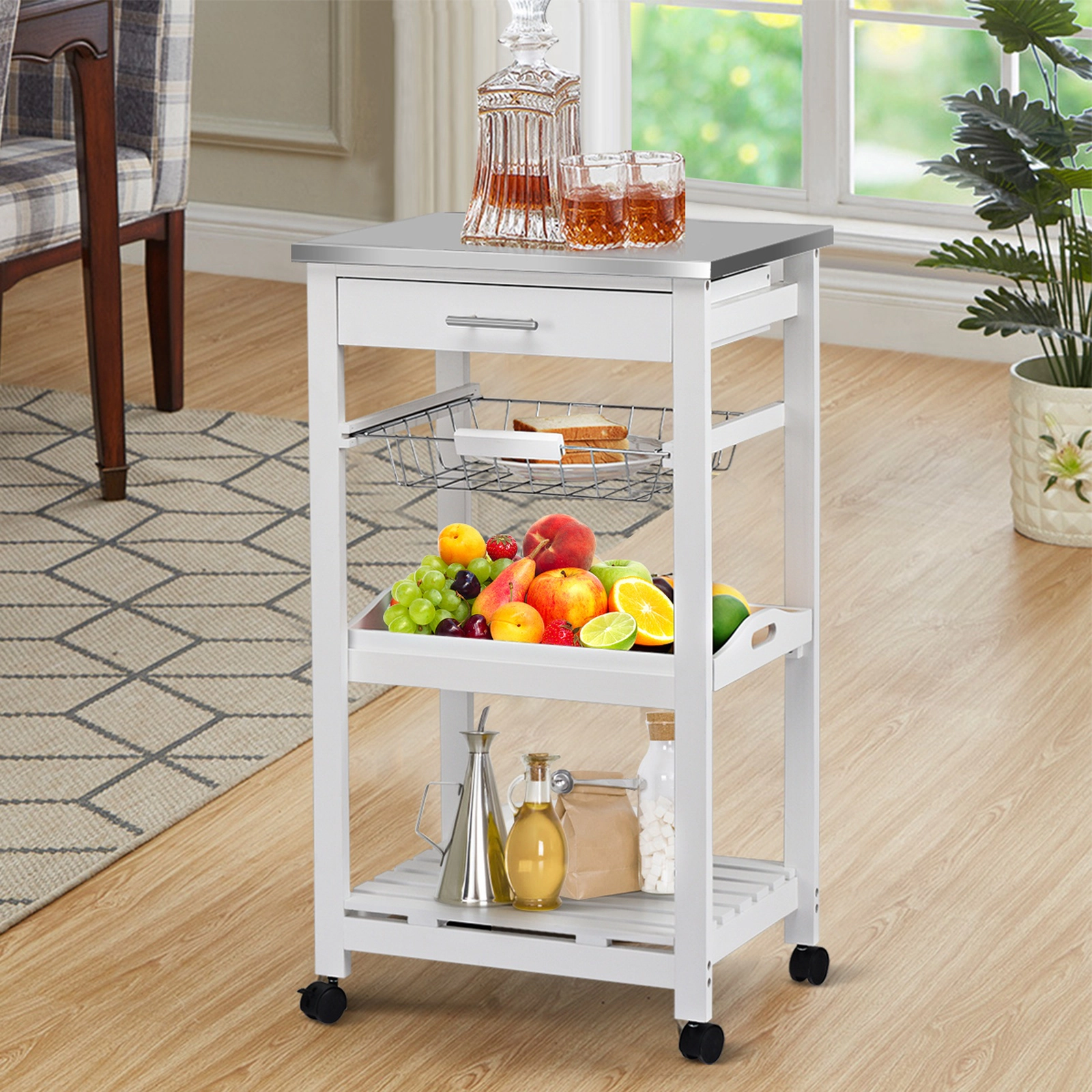 SUGIFT White Kitchen Cart on Wheels with Stainless Steel Top Rolling Serving Trolley Drawer and Basket